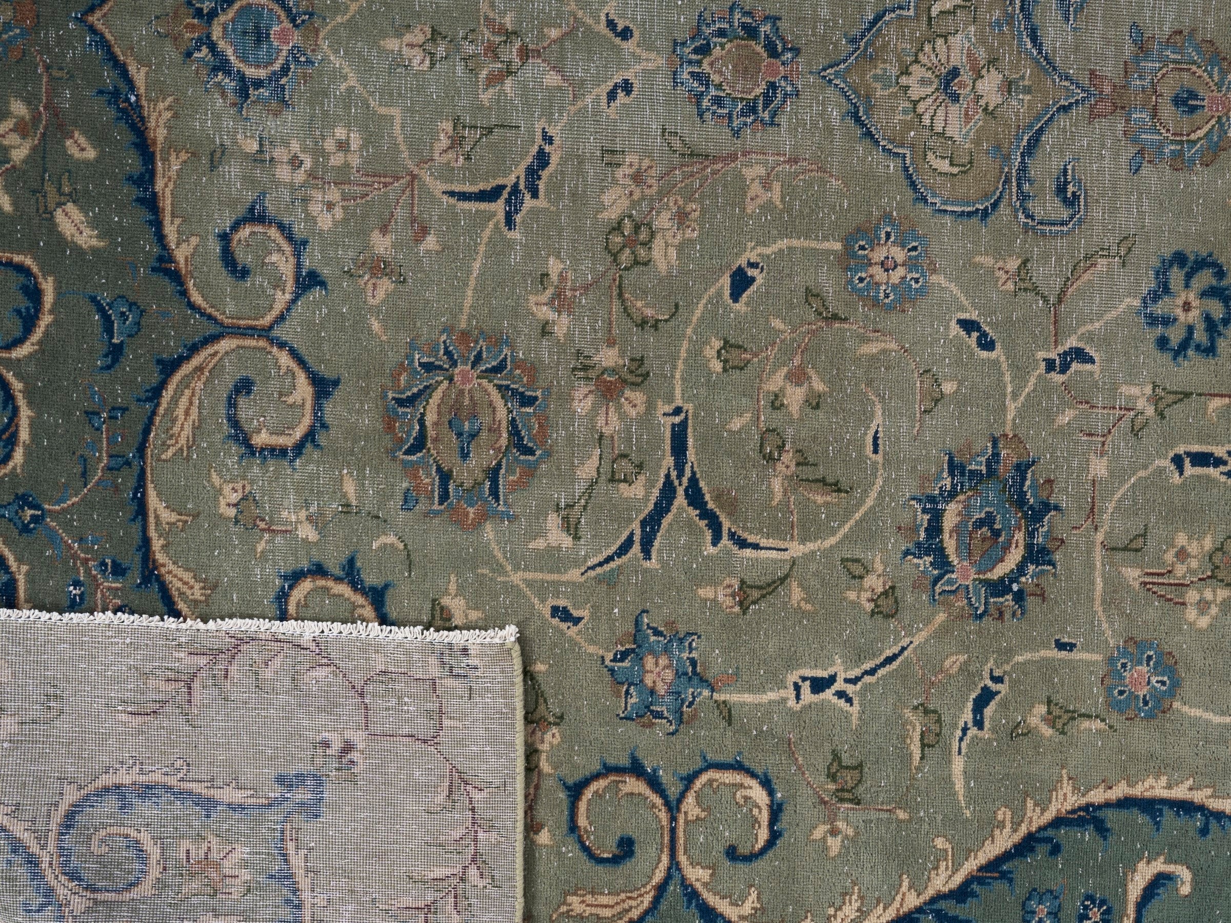 Persian Kashan oversized rug in cream and teal, view 15 of 15