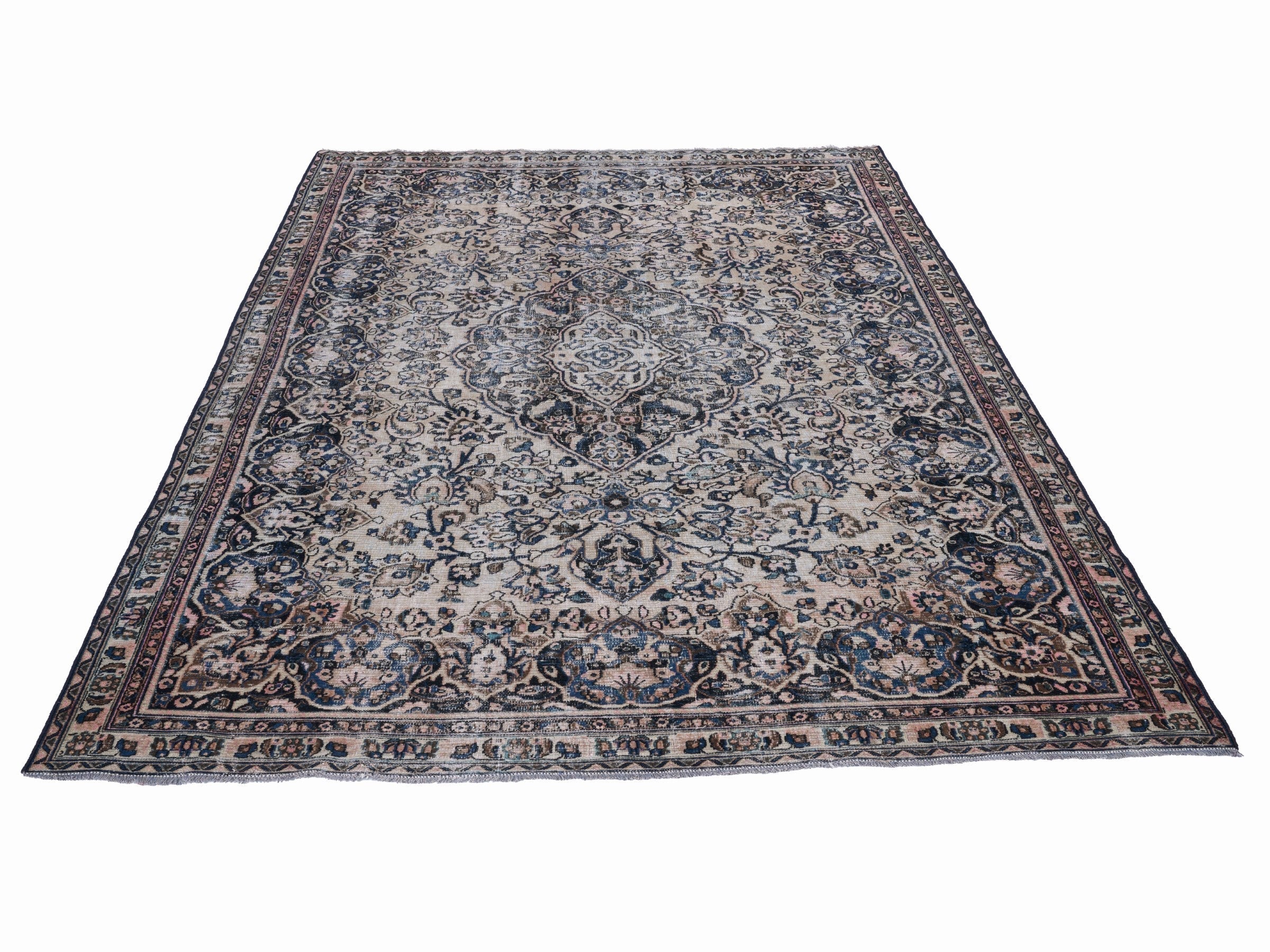 Persian Mashhad oversized rug in cream and navy, view 2 of 15