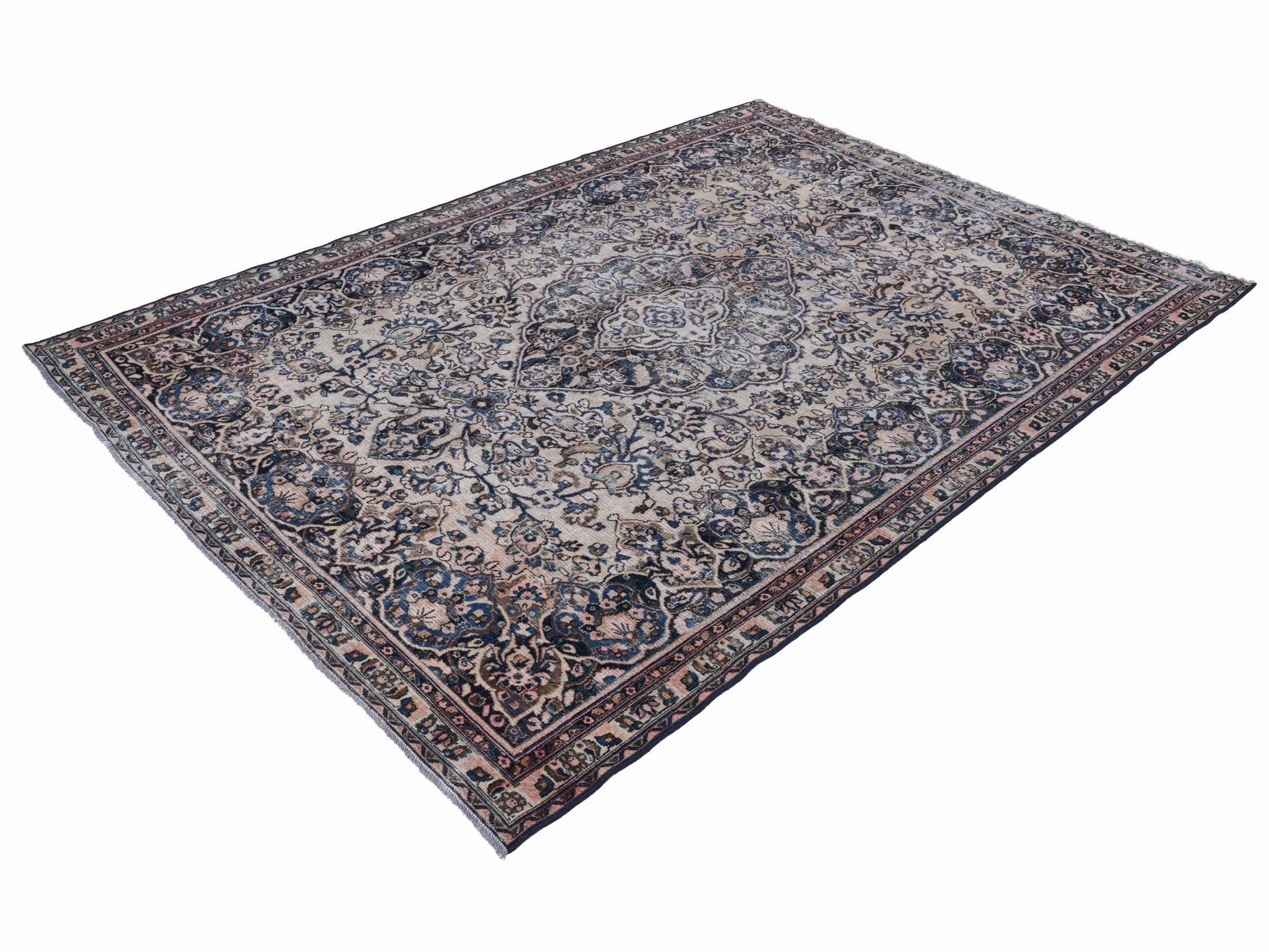 Persian Mashhad oversized rug in cream and navy, view 3 of 15