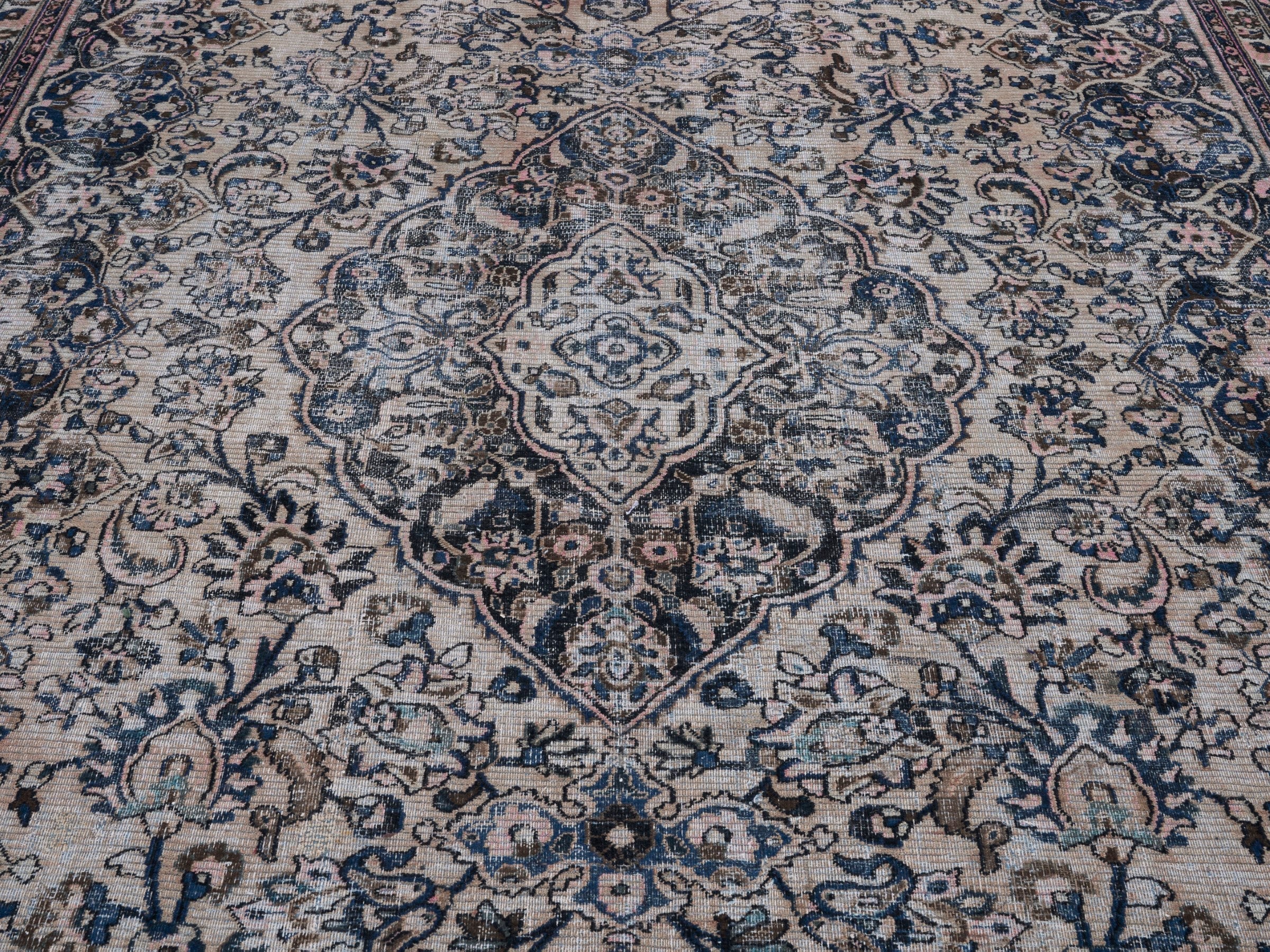 Persian Mashhad oversized rug in cream and navy, view 4 of 15