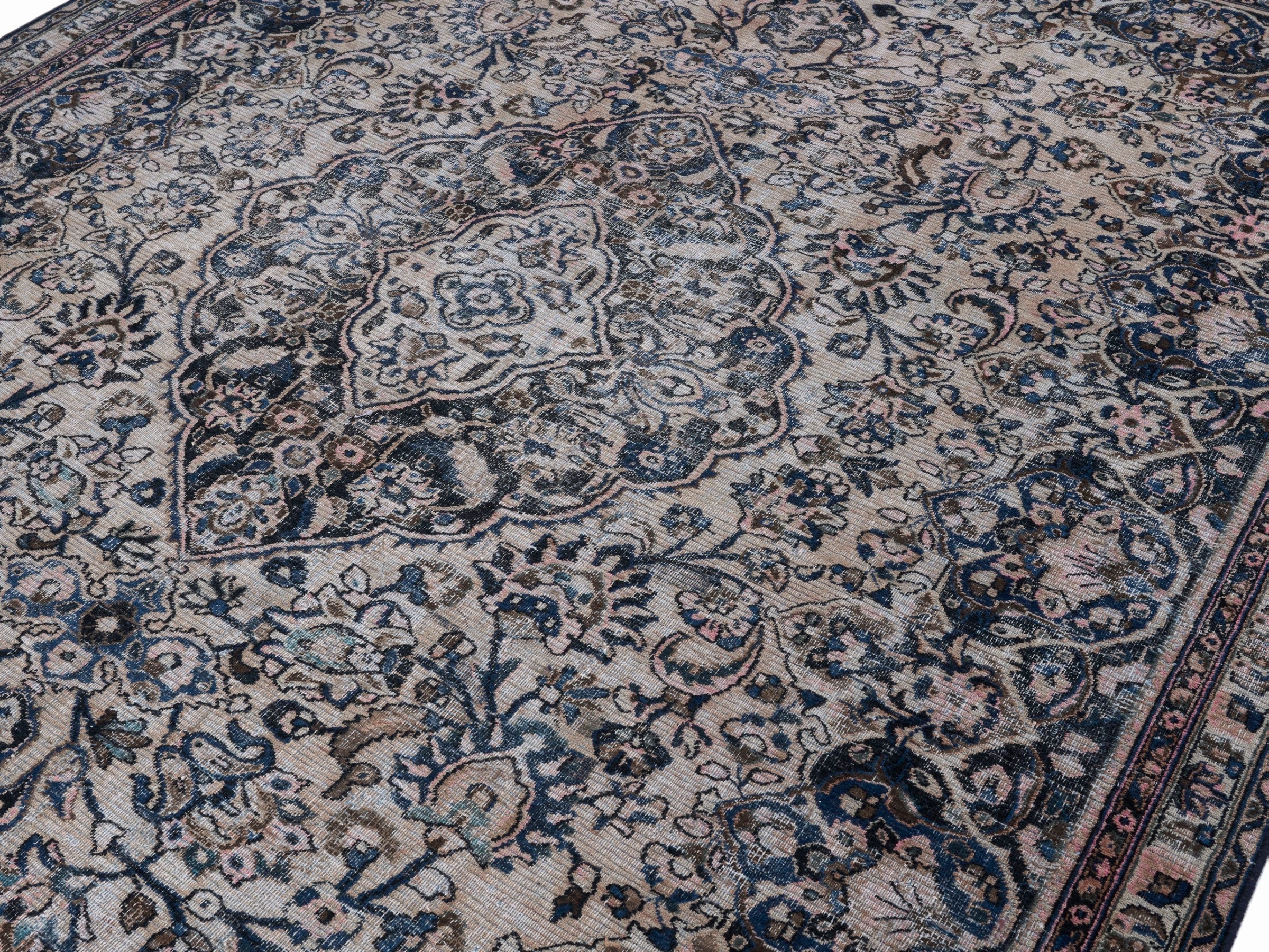 Persian Mashhad oversized rug in cream and navy, view 5 of 15