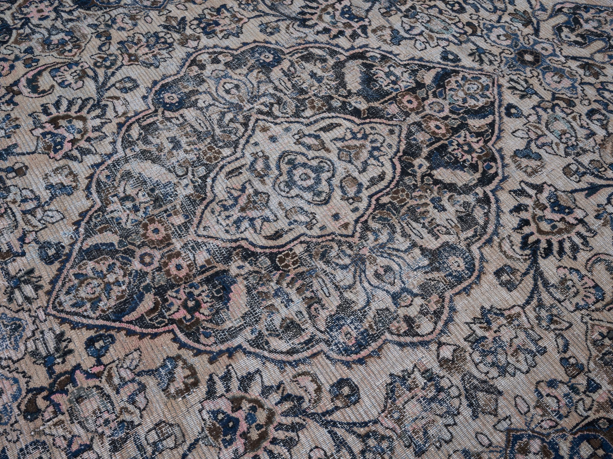 Persian Mashhad oversized rug in cream and navy, view 12 of 15