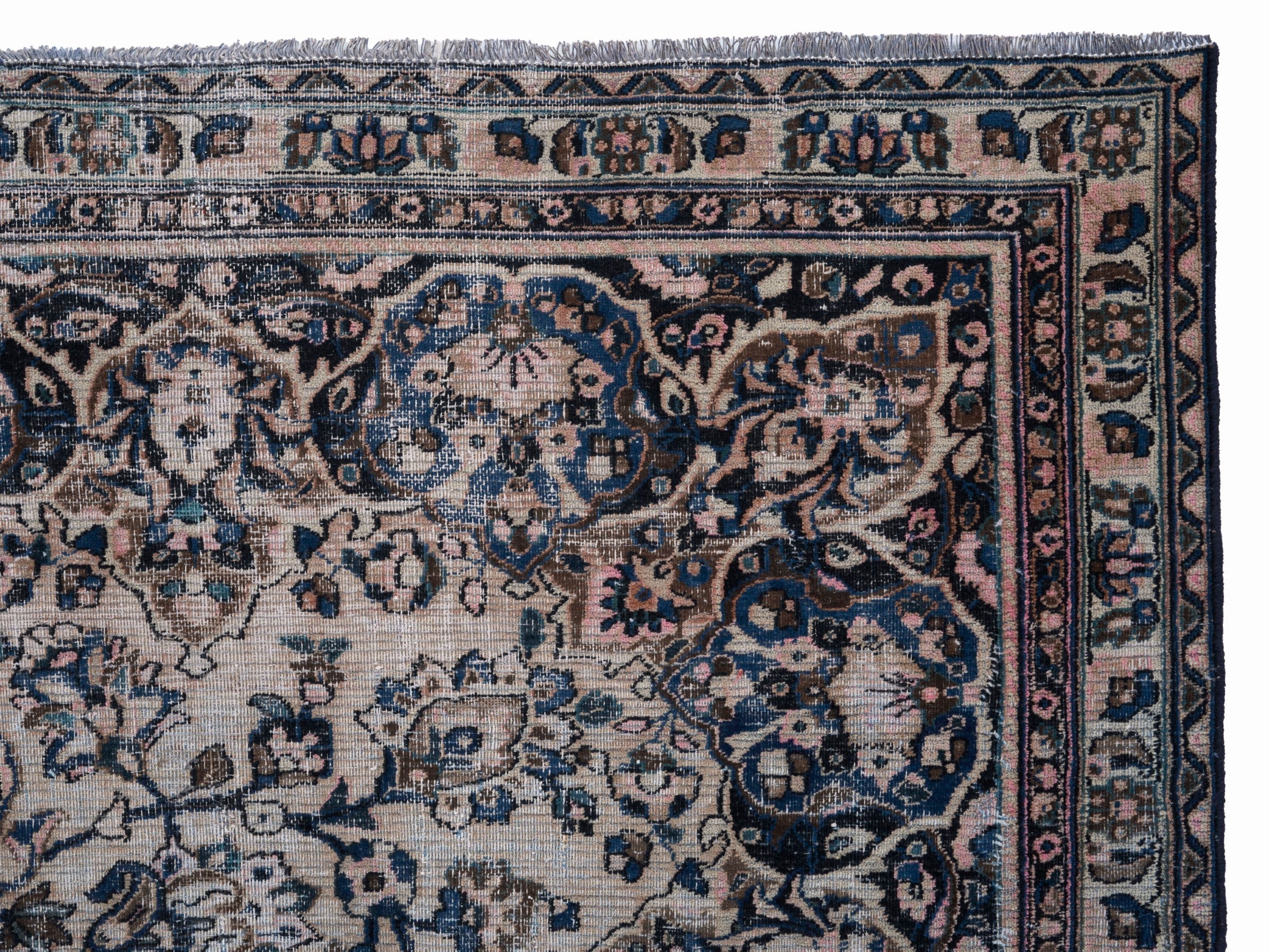 Persian Mashhad oversized rug in cream and navy, view 13 of 15
