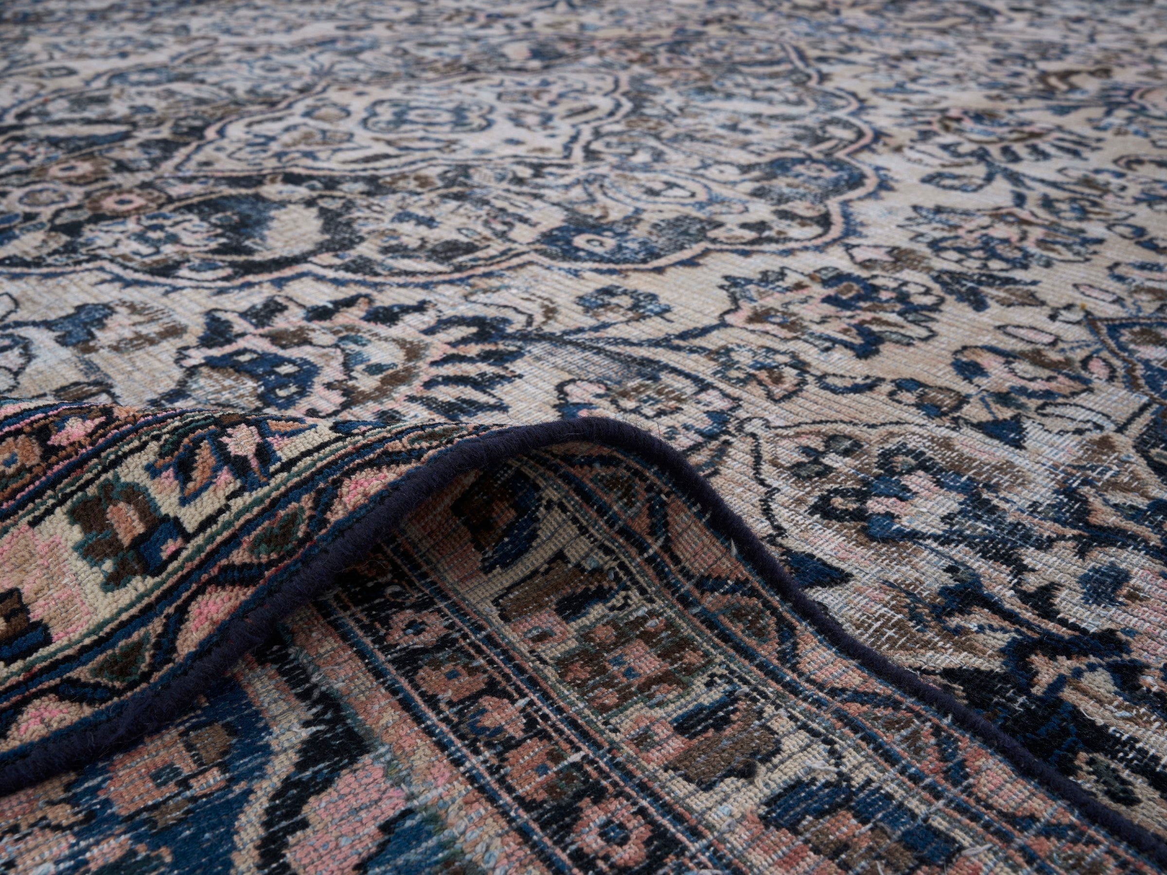 Persian Mashhad oversized rug in cream and navy, view 14 of 15