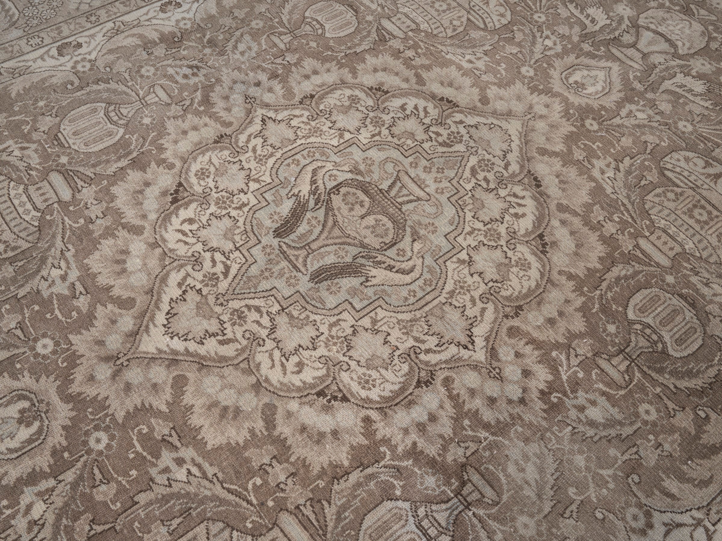 Persian Kashmar oversized rug in taupe and greige, view 12 of 15