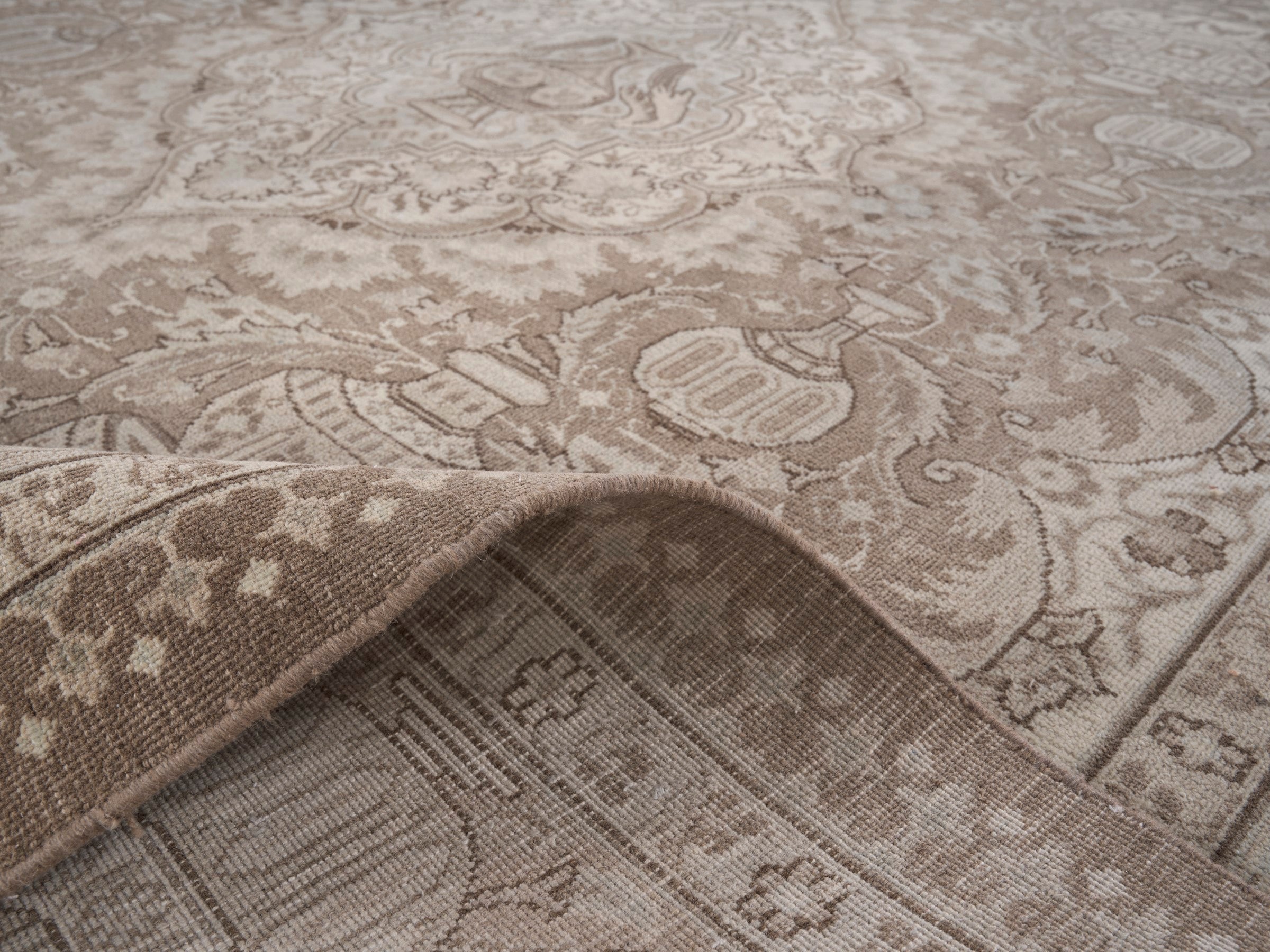 Persian Kashmar oversized rug in taupe and greige, view 14 of 15