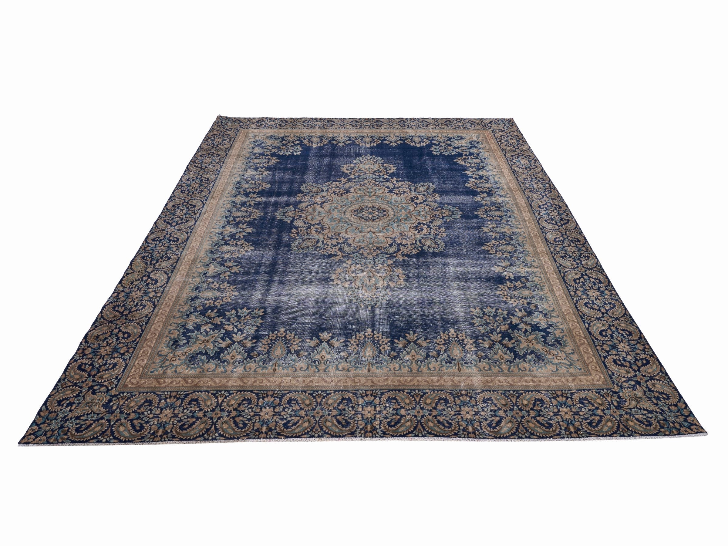Persian Kerman oversized rug in navy and cream, view 2 of 15