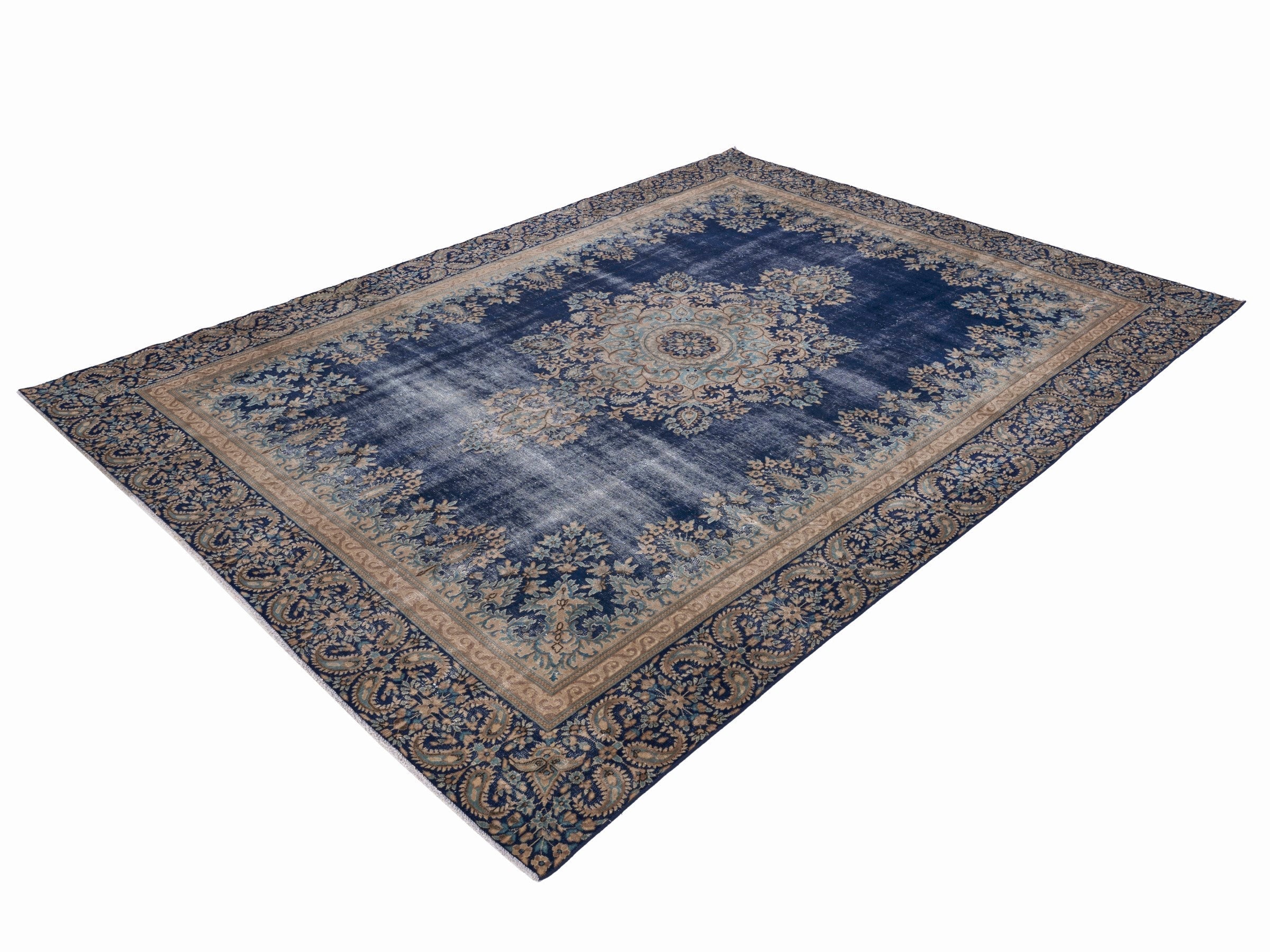 Persian Kerman oversized rug in navy and cream, view 3 of 15