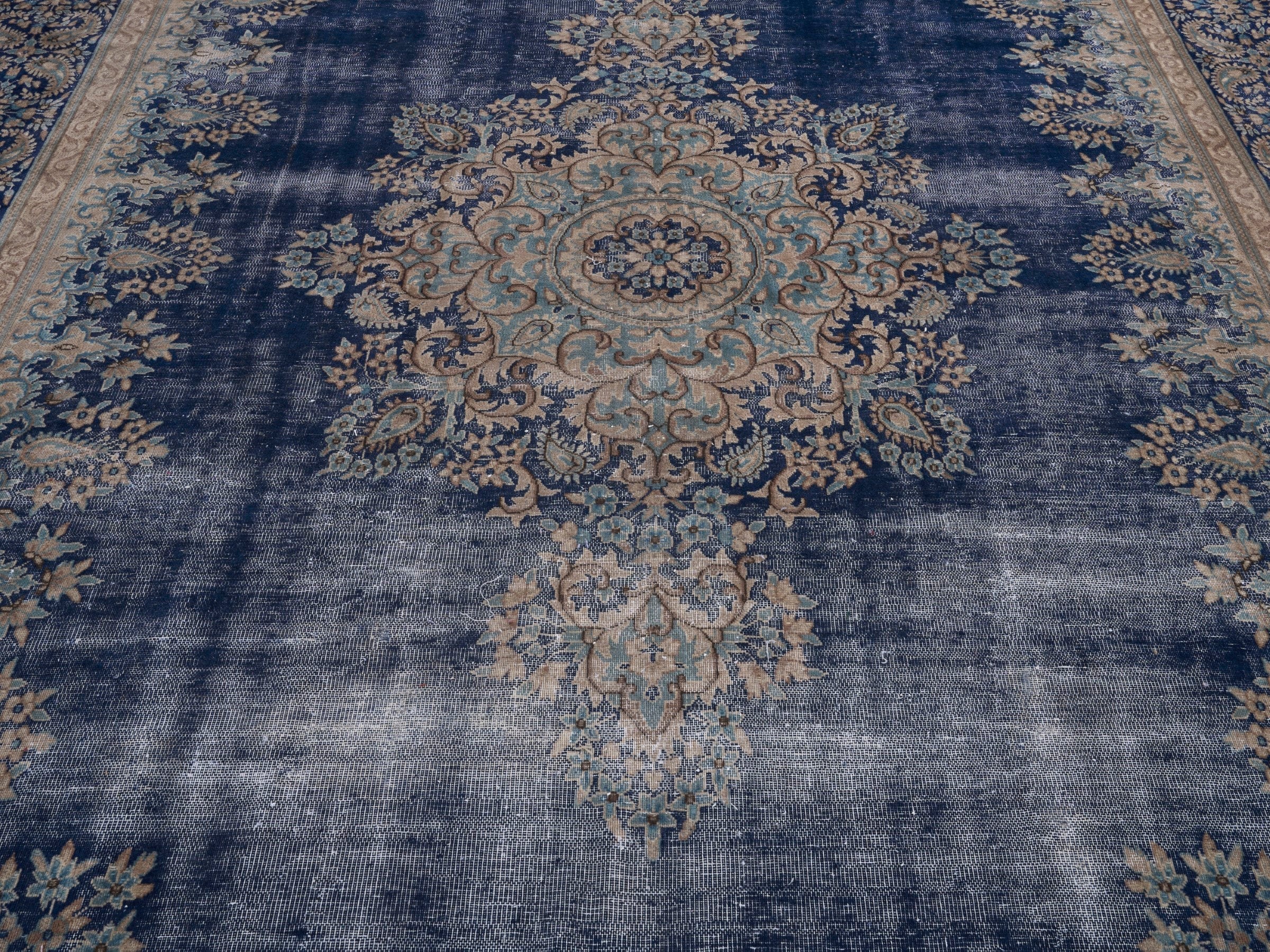 Persian Kerman oversized rug in navy and cream, view 4 of 15