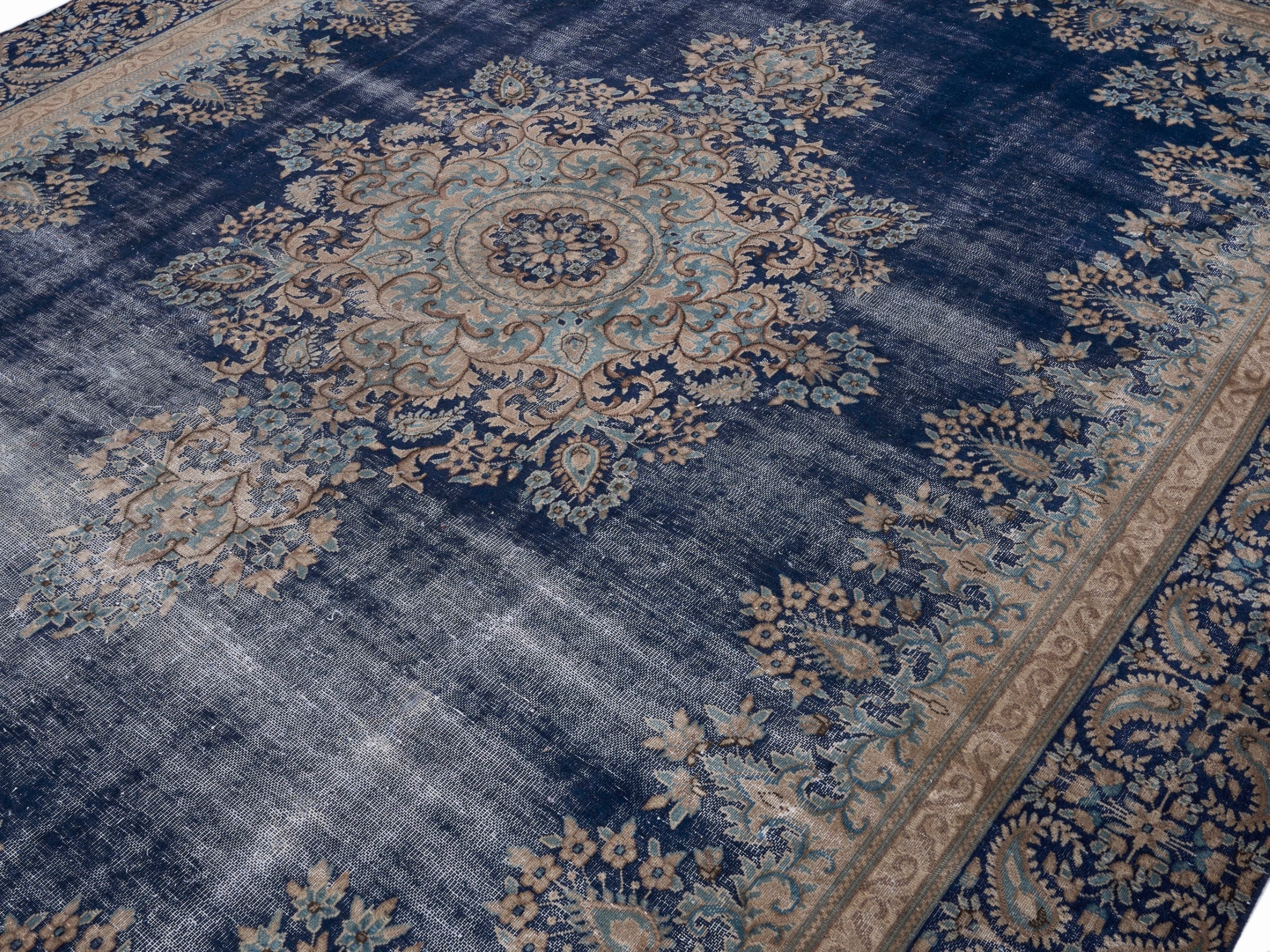 Persian Kerman oversized rug in navy and cream, view 5 of 15