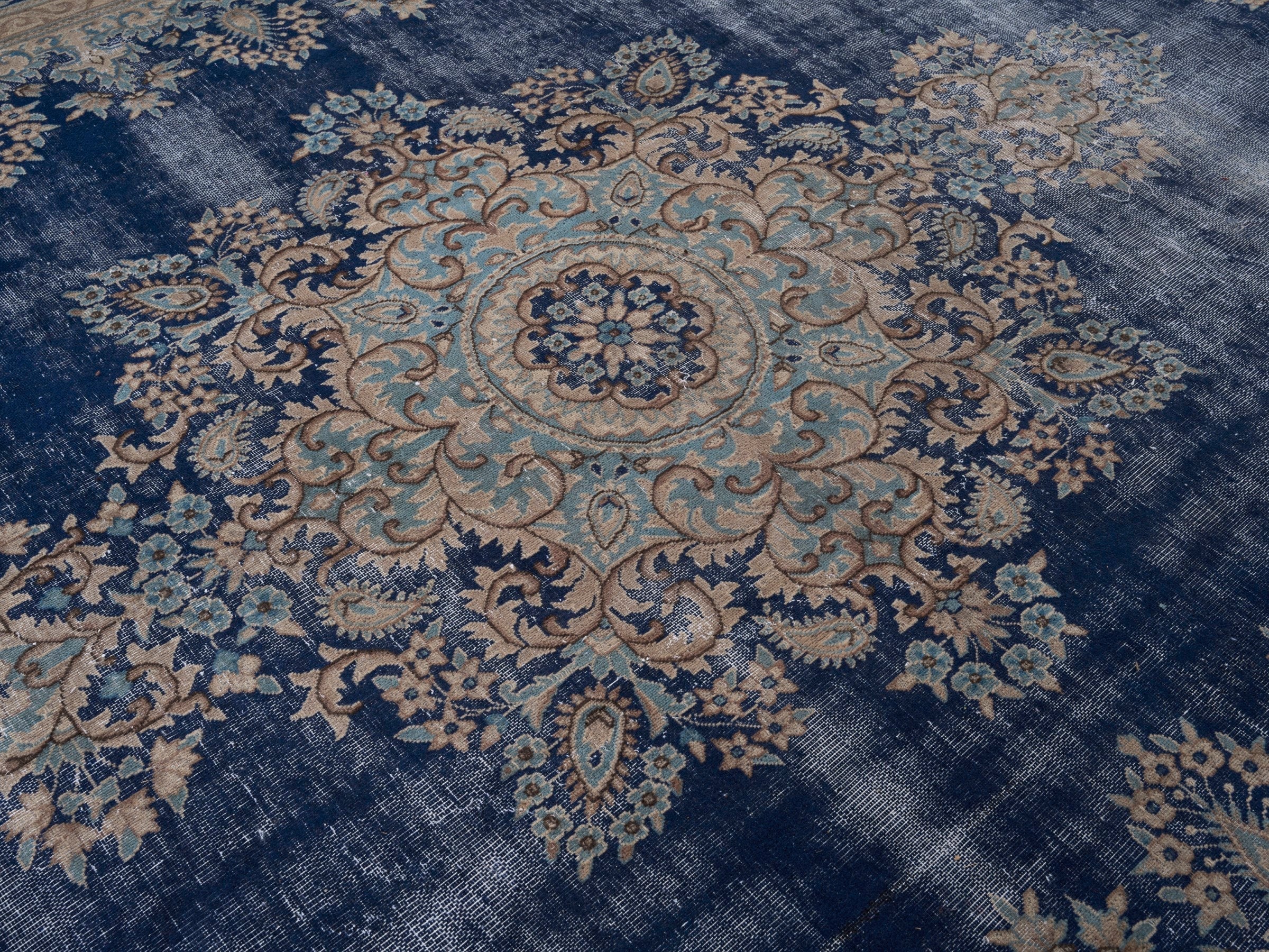Persian Kerman oversized rug in navy and cream, view 12 of 15