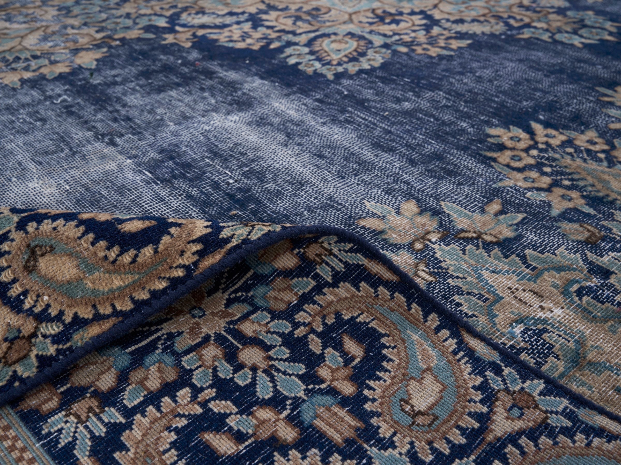 Persian Kerman oversized rug in navy and cream, view 14 of 15