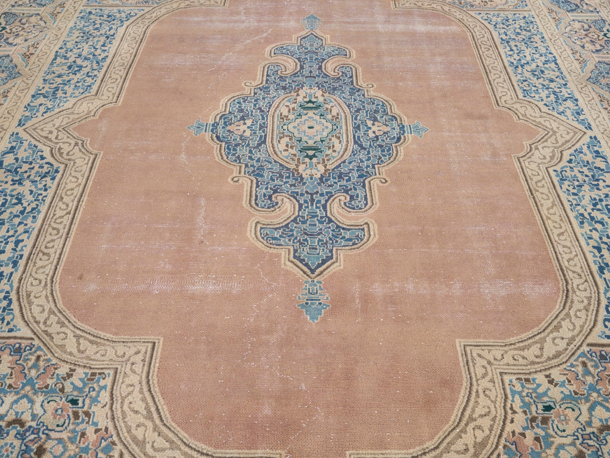 Persian Kerman oversized rug in muted pink and straw, view 4 of 15