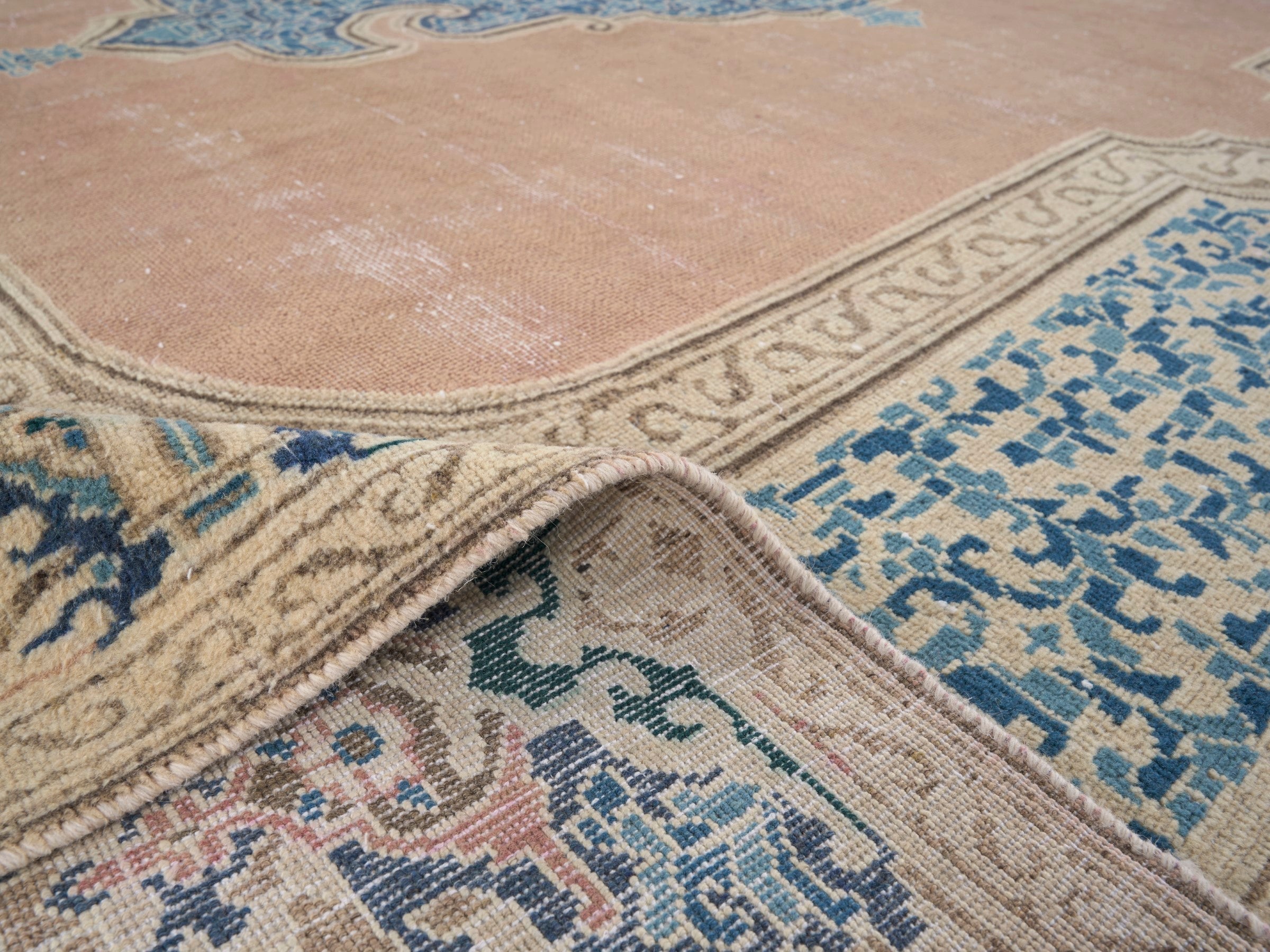 Persian Kerman oversized rug in muted pink and straw, view 14 of 15