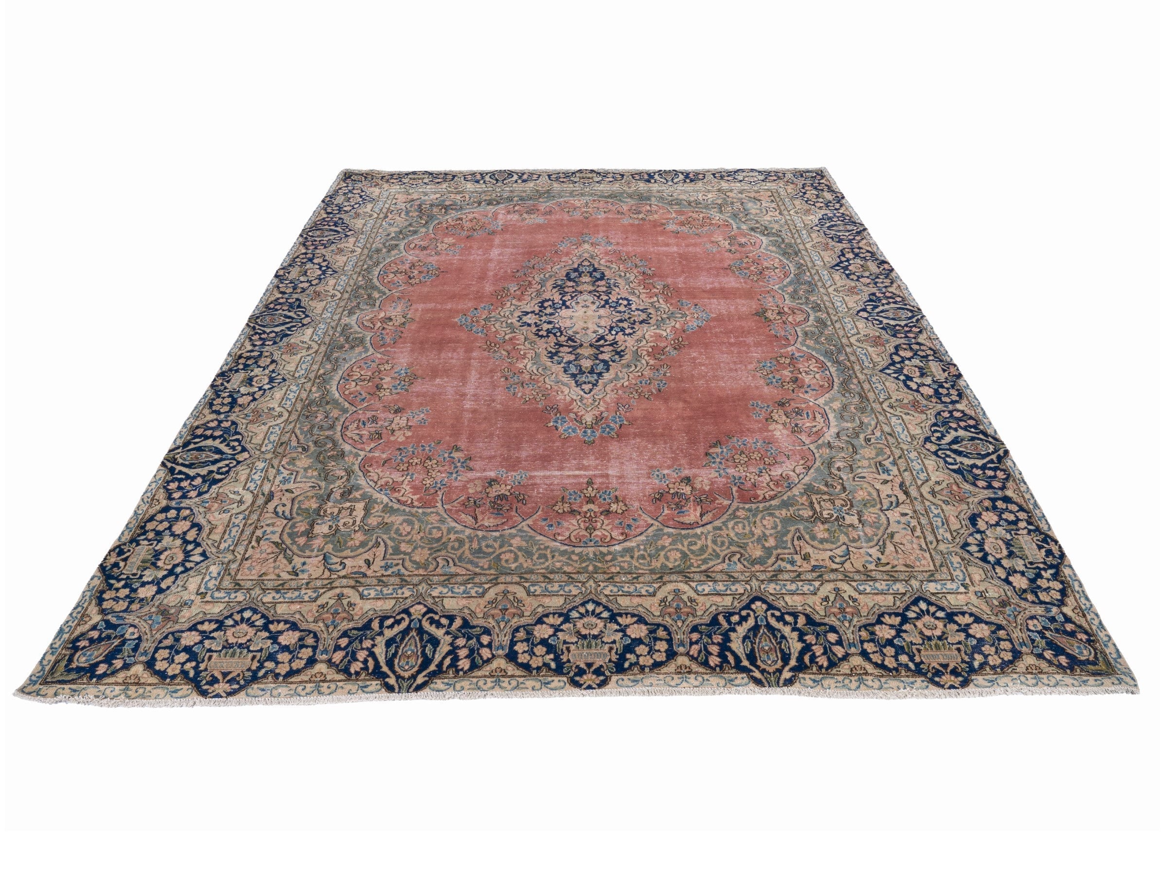 Persian Kerman oversized rug in rose and navy, view 2 of 15