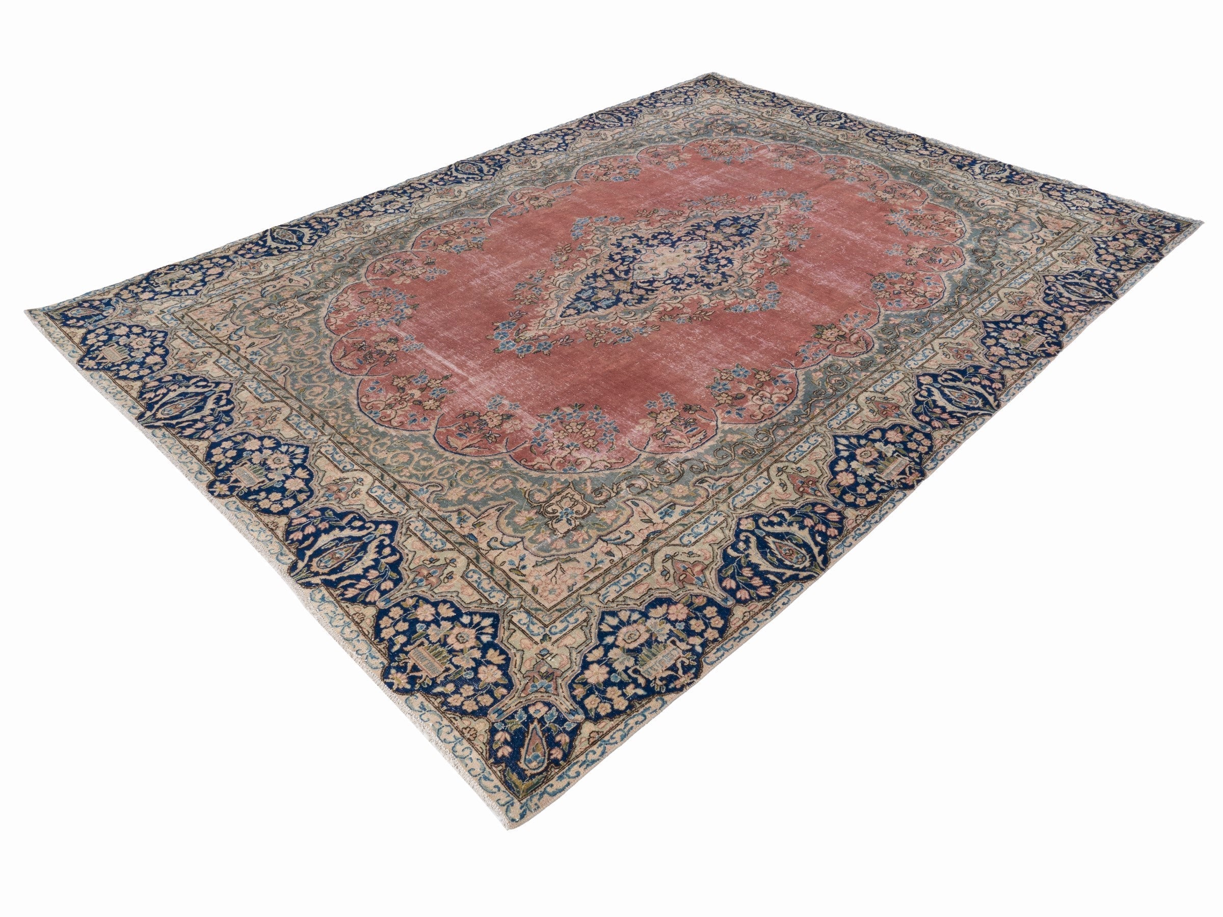 Persian Kerman oversized rug in rose and navy, view 3 of 15