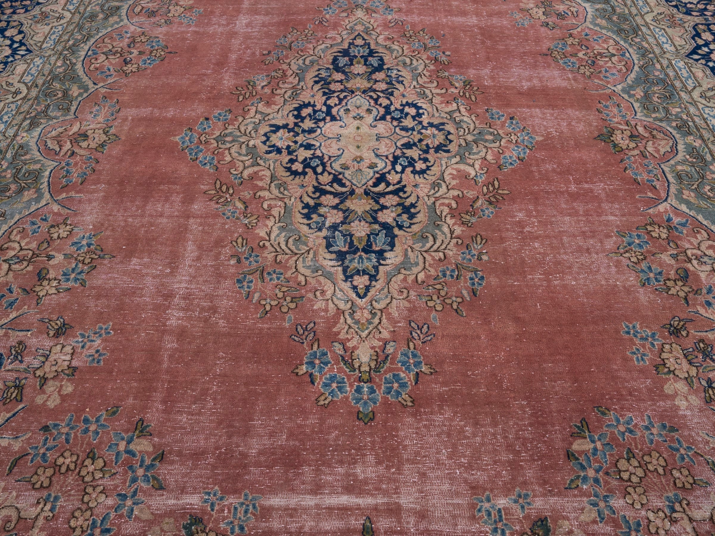 Persian Kerman oversized rug in rose and navy, view 4 of 15