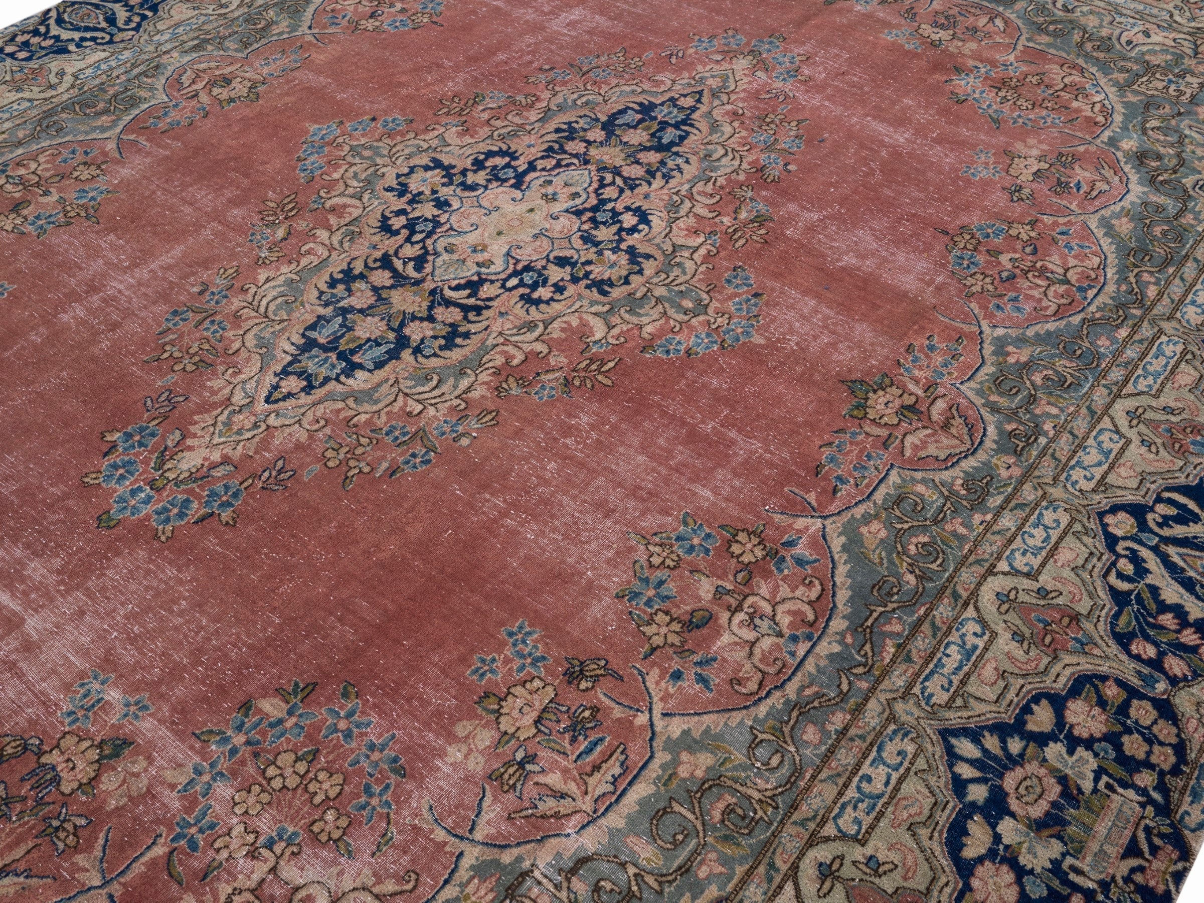 Persian Kerman oversized rug in rose and navy, view 5 of 15