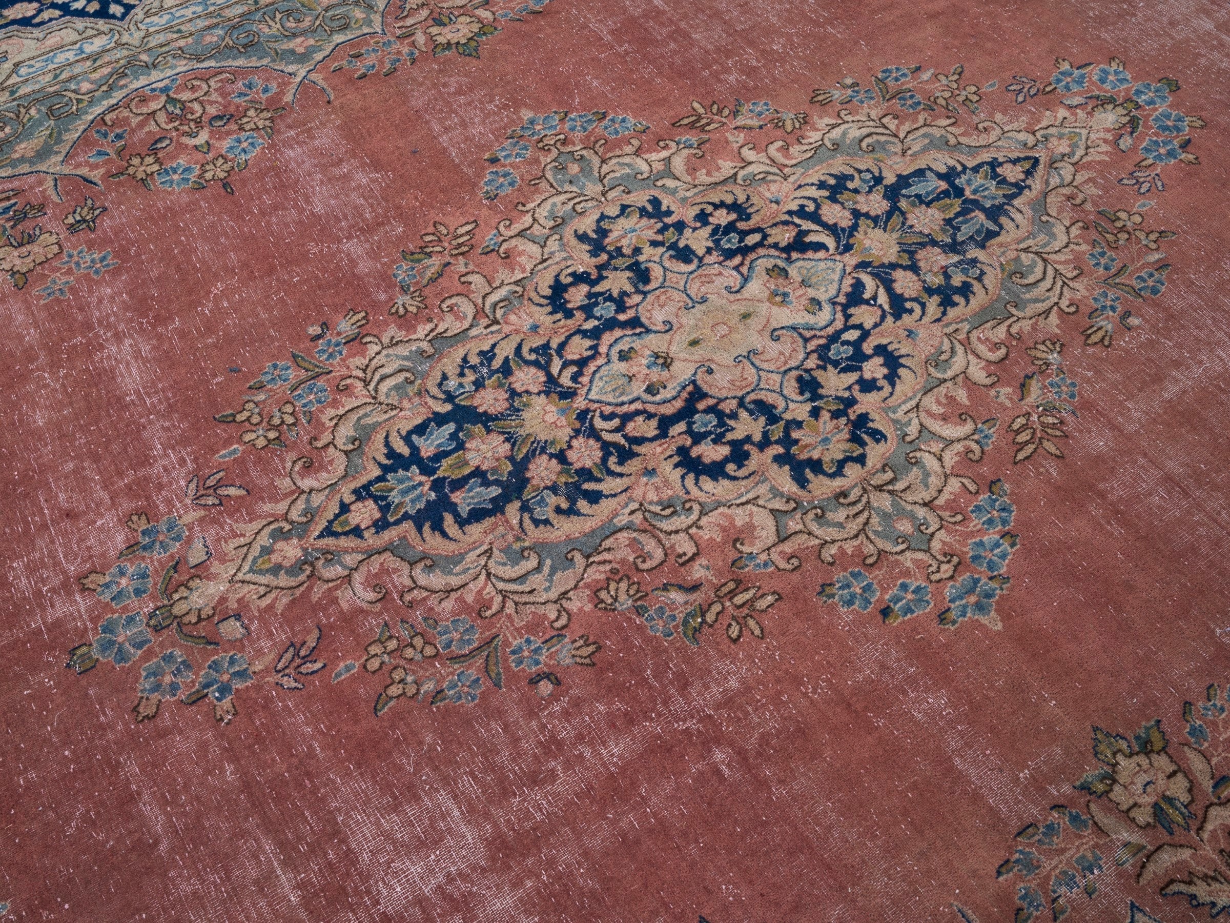 Persian Kerman oversized rug in rose and navy, view 12 of 15