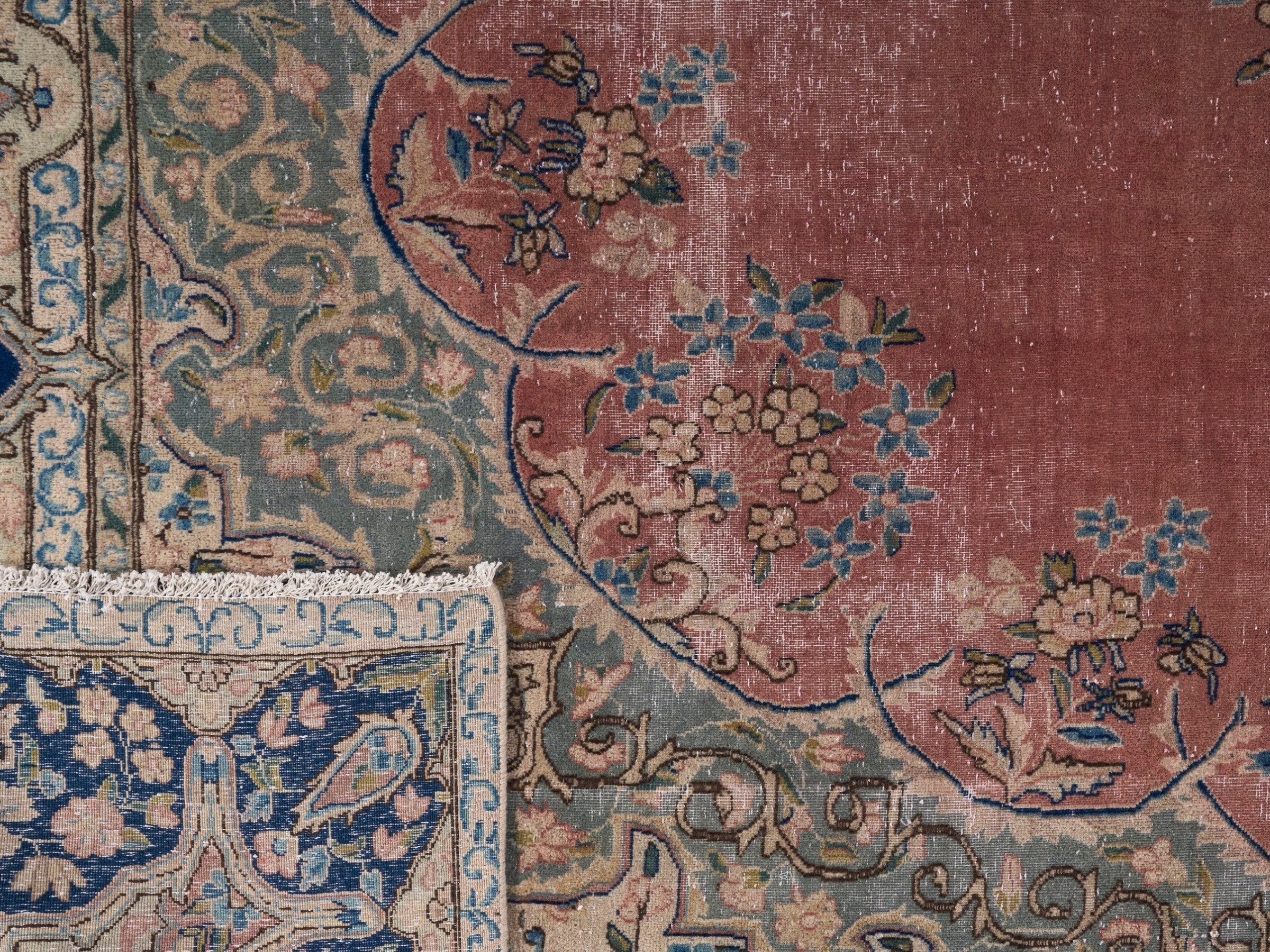 Persian Kerman oversized rug in rose and navy, view 15 of 15