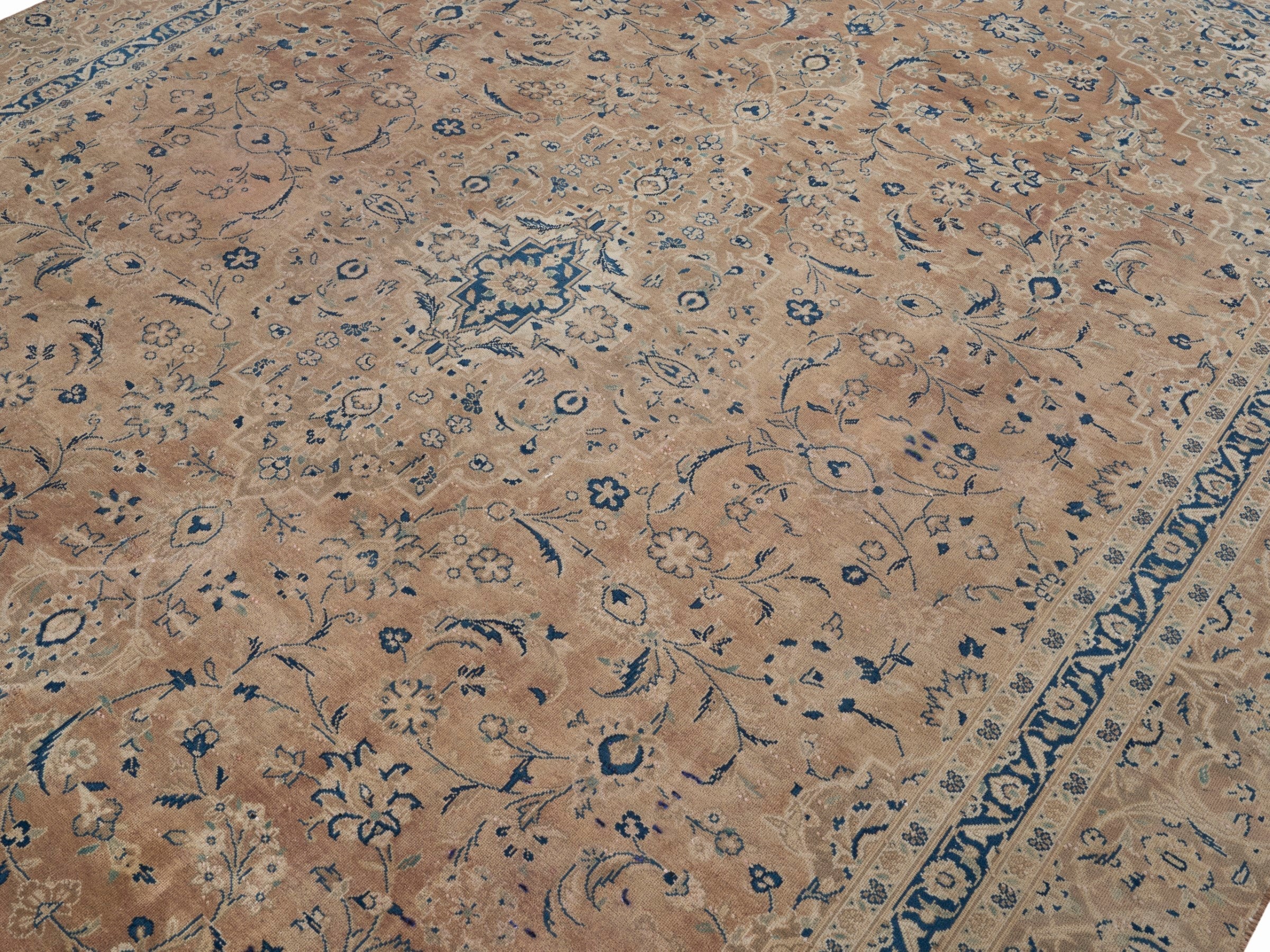 Persian Kashan oversized rug in terracotta and denim, view 5 of 15