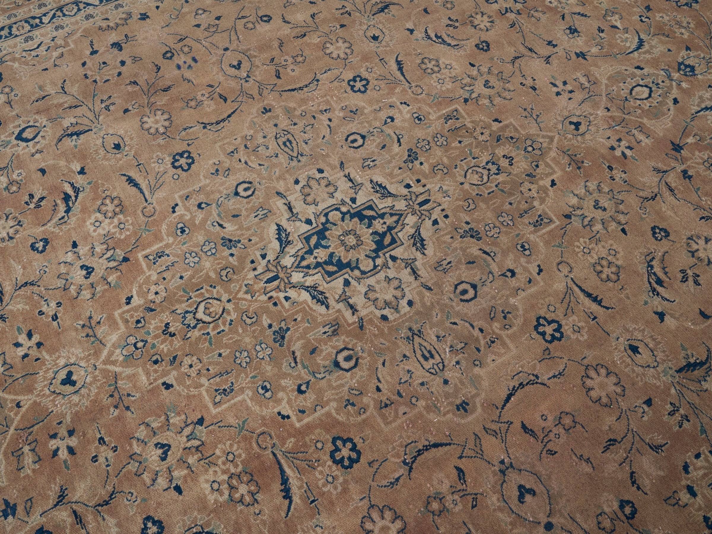 Persian Kashan oversized rug in terracotta and denim, view 12 of 15