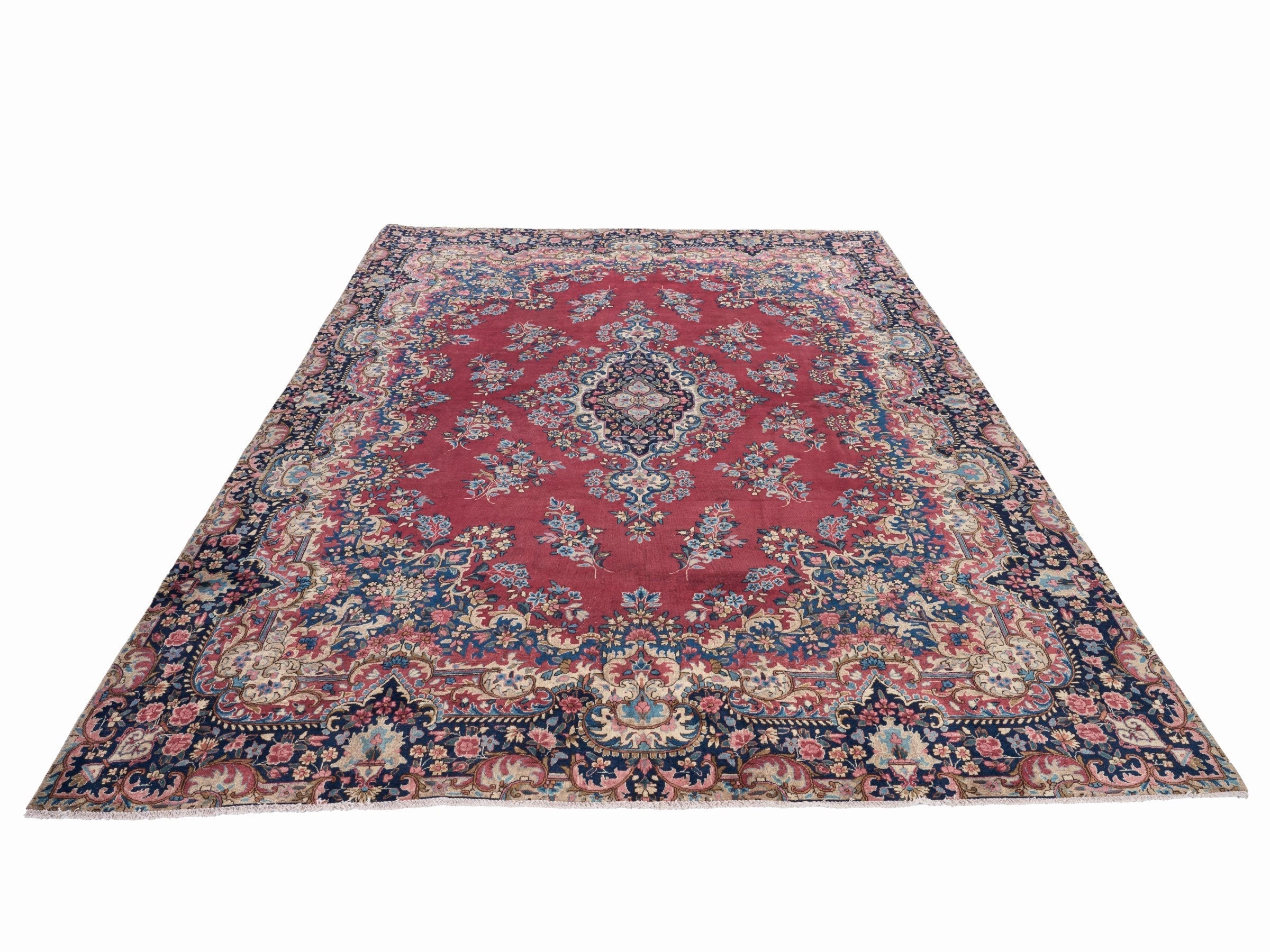 Persian Kerman oversized rug in deep red and navy, view 2 of 15