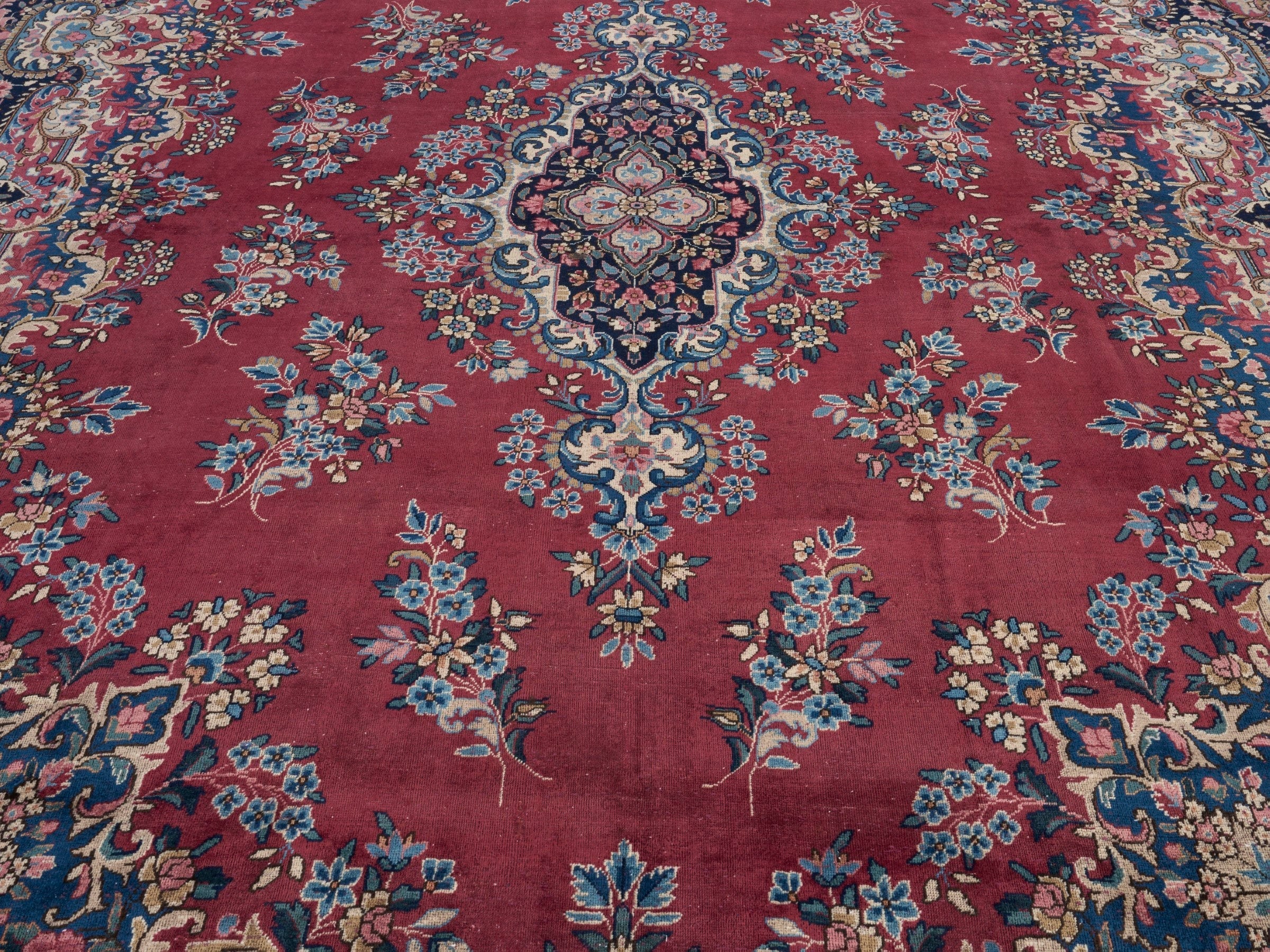 Persian Kerman oversized rug in deep red and navy, view 4 of 15