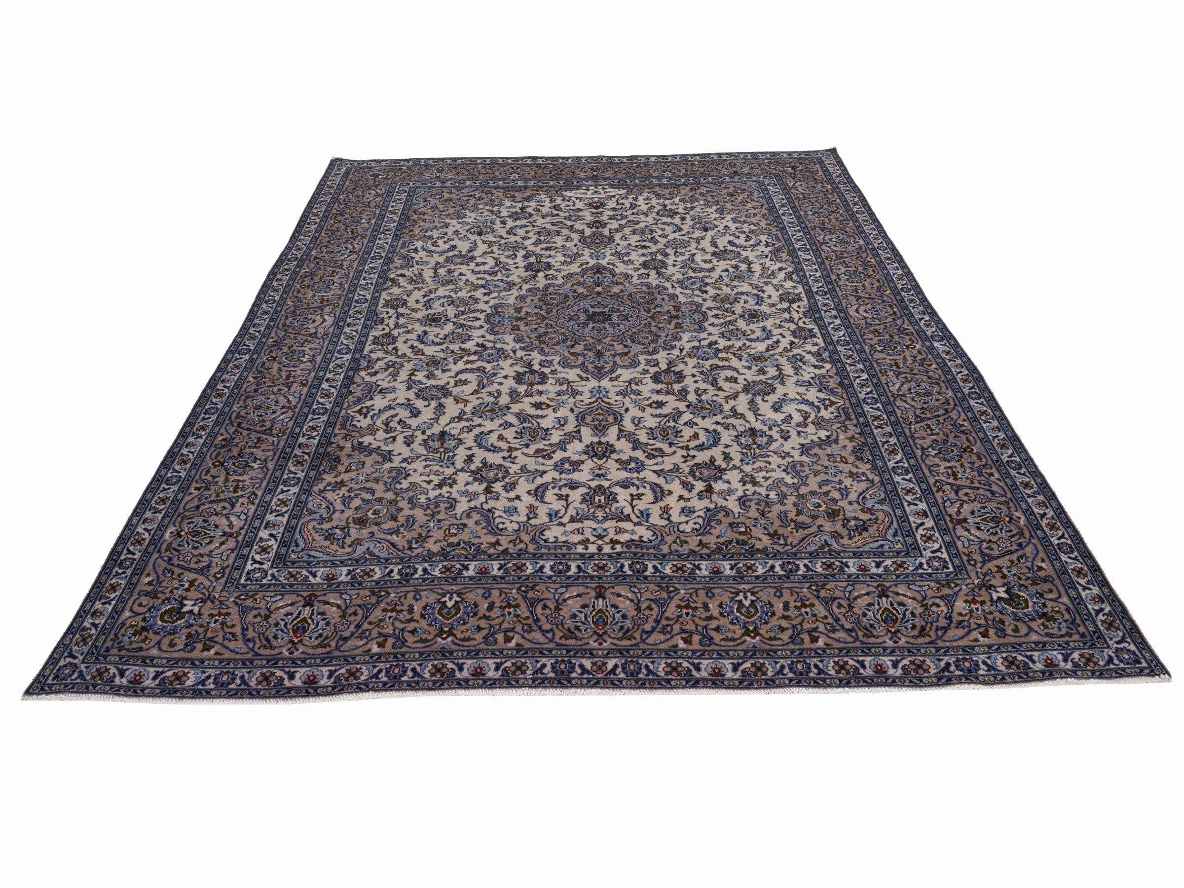 Persian Kashan oversized rug in ivory and navy, view 2 of 15