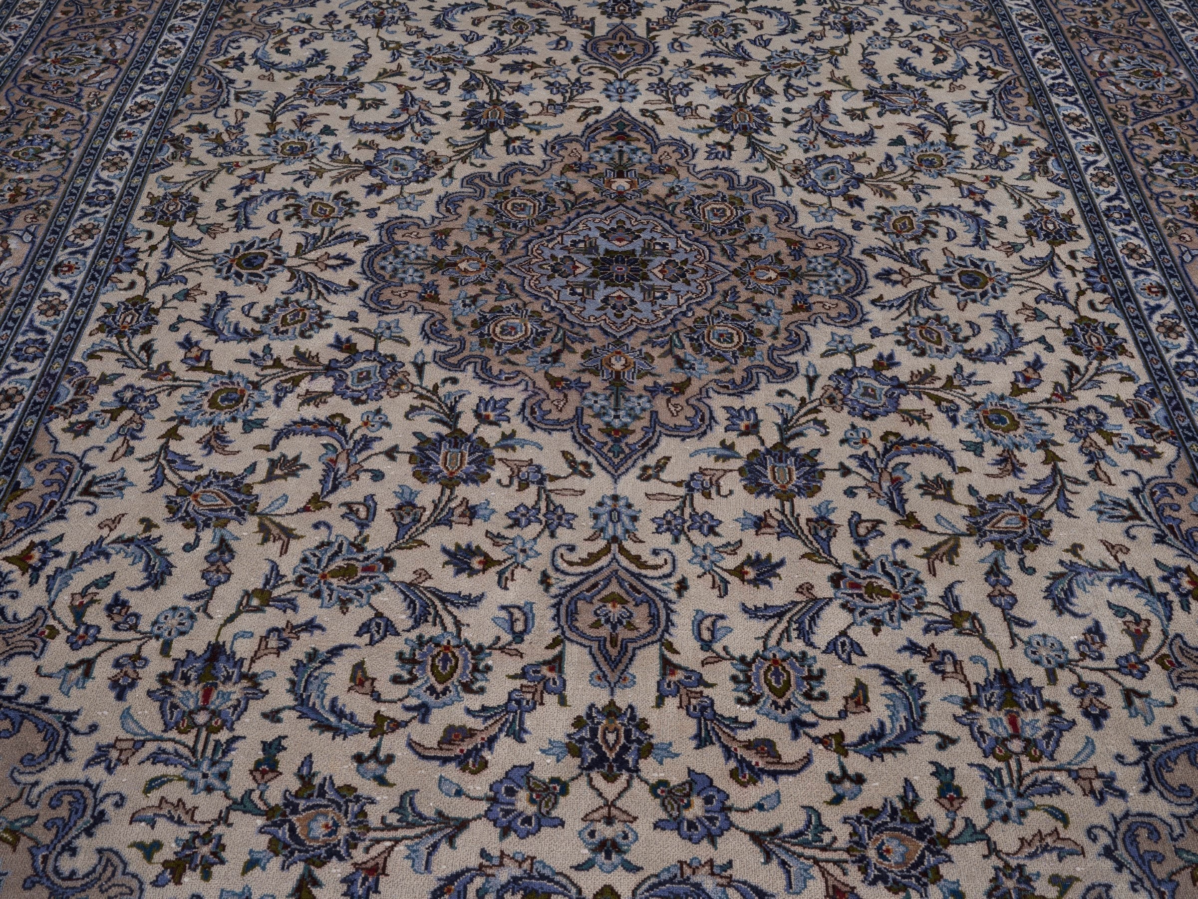 Persian Kashan oversized rug in ivory and navy, view 4 of 15