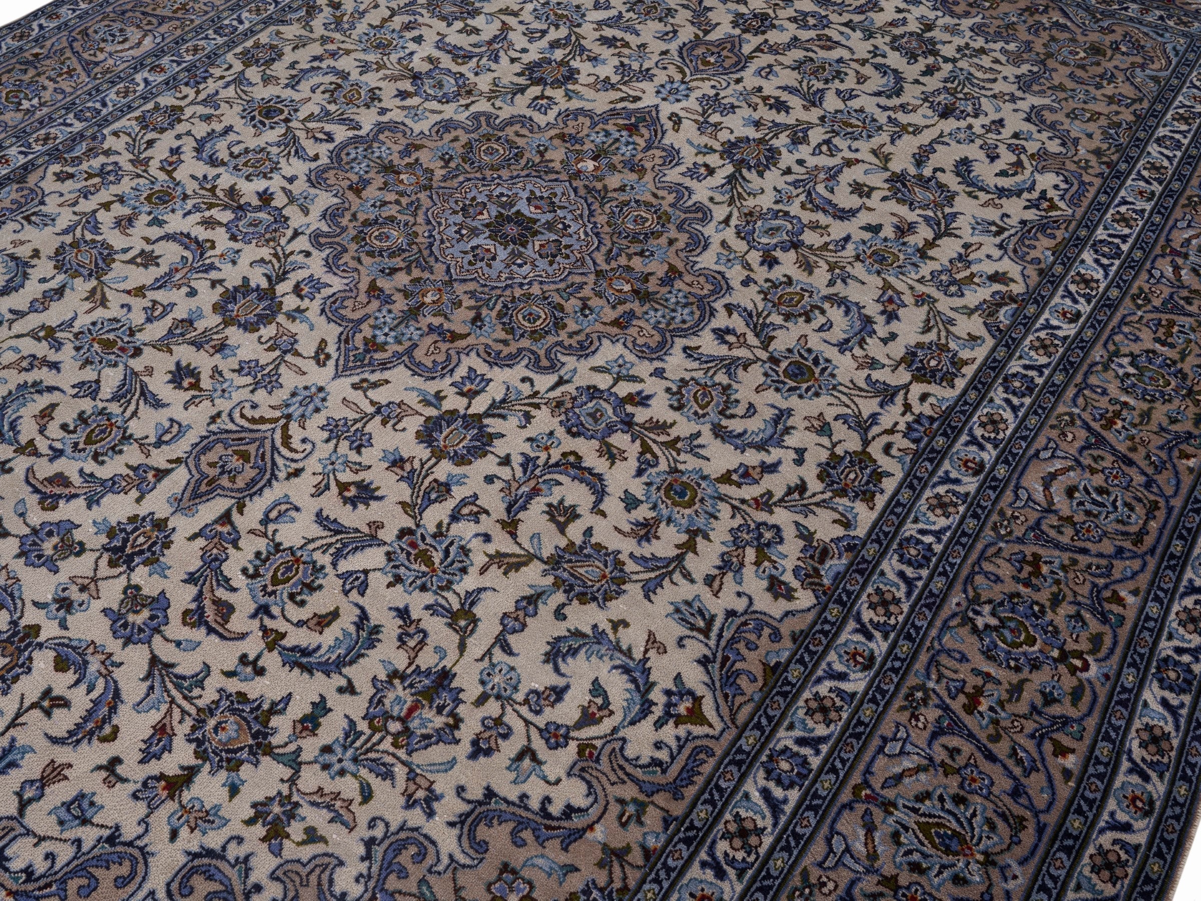 Persian Kashan oversized rug in ivory and navy, view 5 of 15