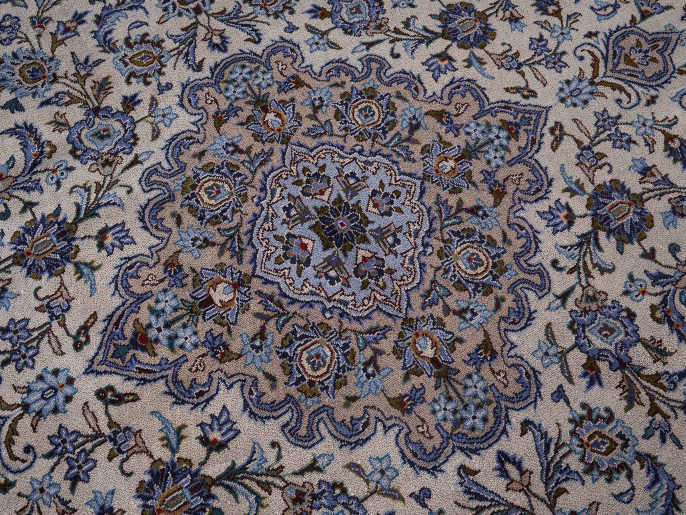 Persian Kashan oversized rug in ivory and navy, view 12 of 15