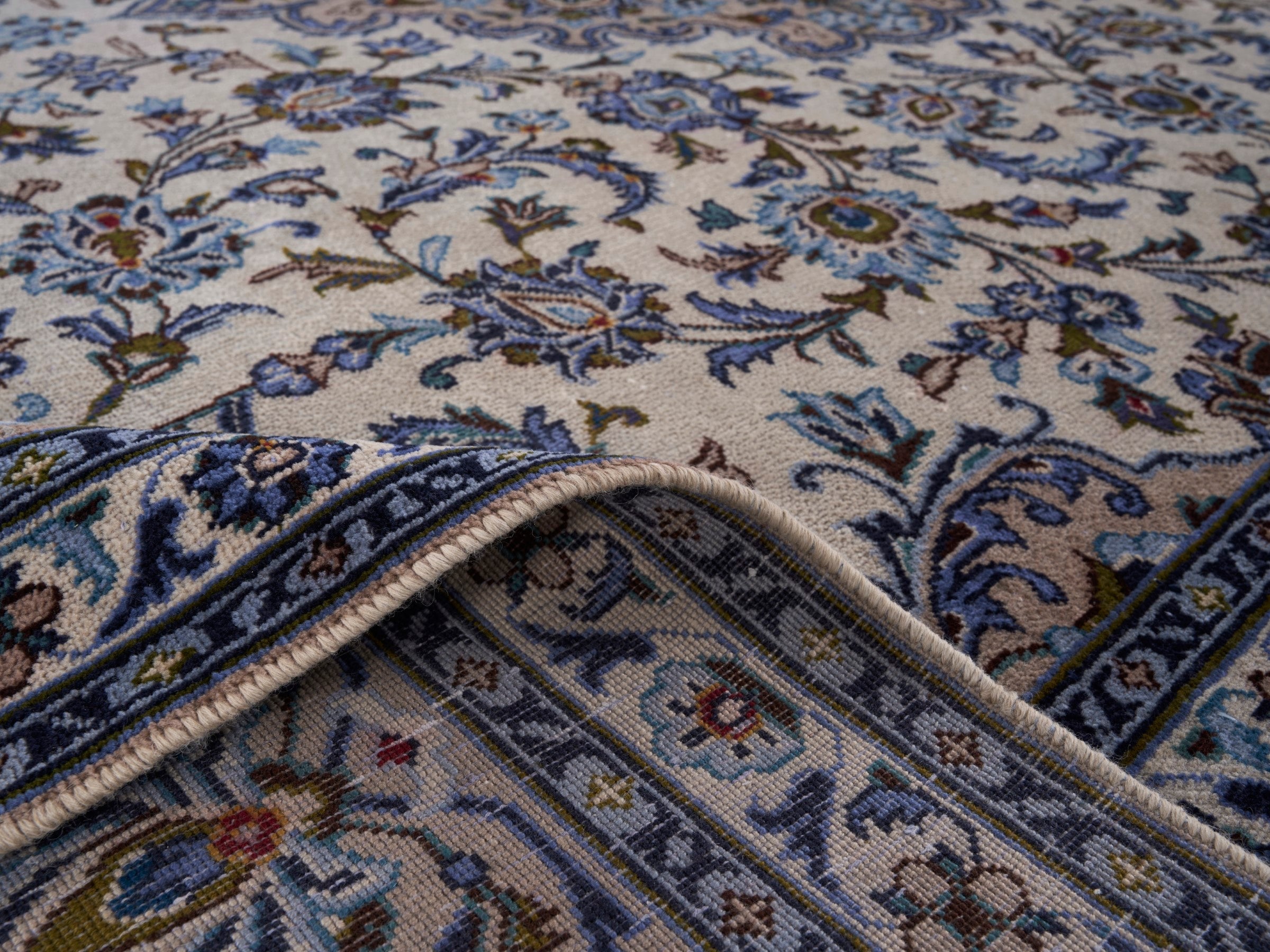 Persian Kashan oversized rug in ivory and navy, view 14 of 15