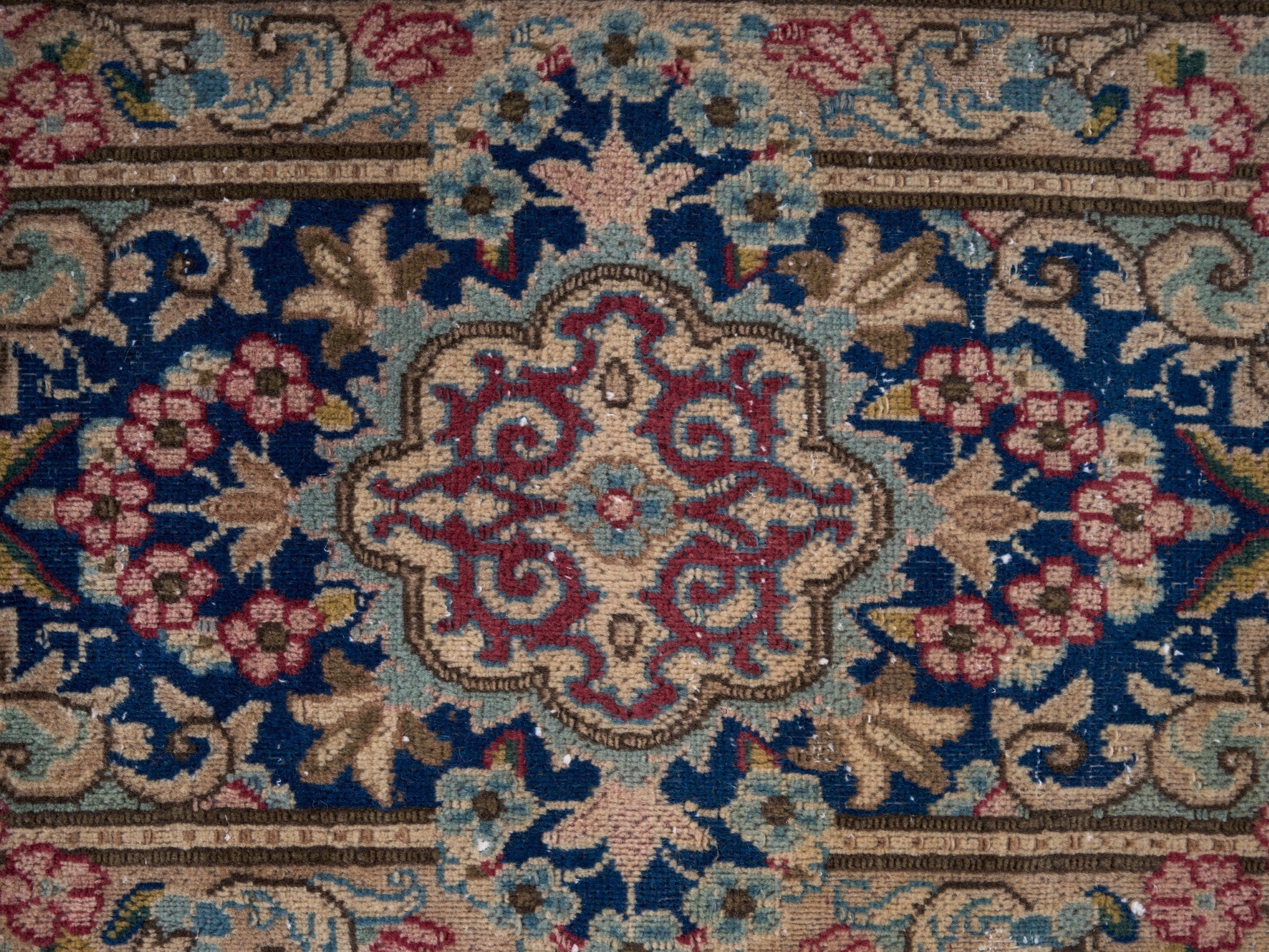 Persian Kerman oversized rug in deep red and navy, view 13 of 15