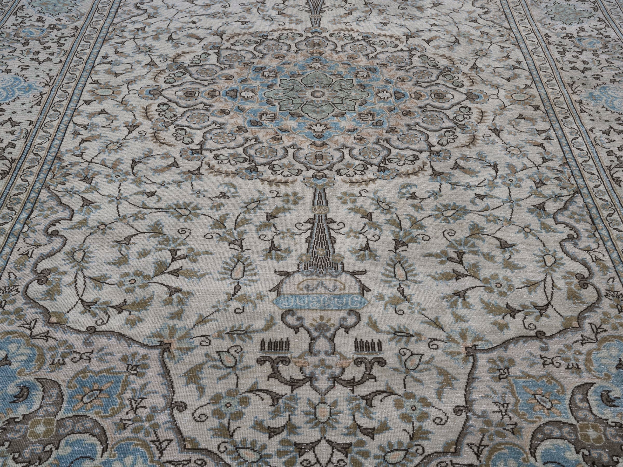 Persian Kashan oversized rug in ivory and powder blue, view 4 of 15