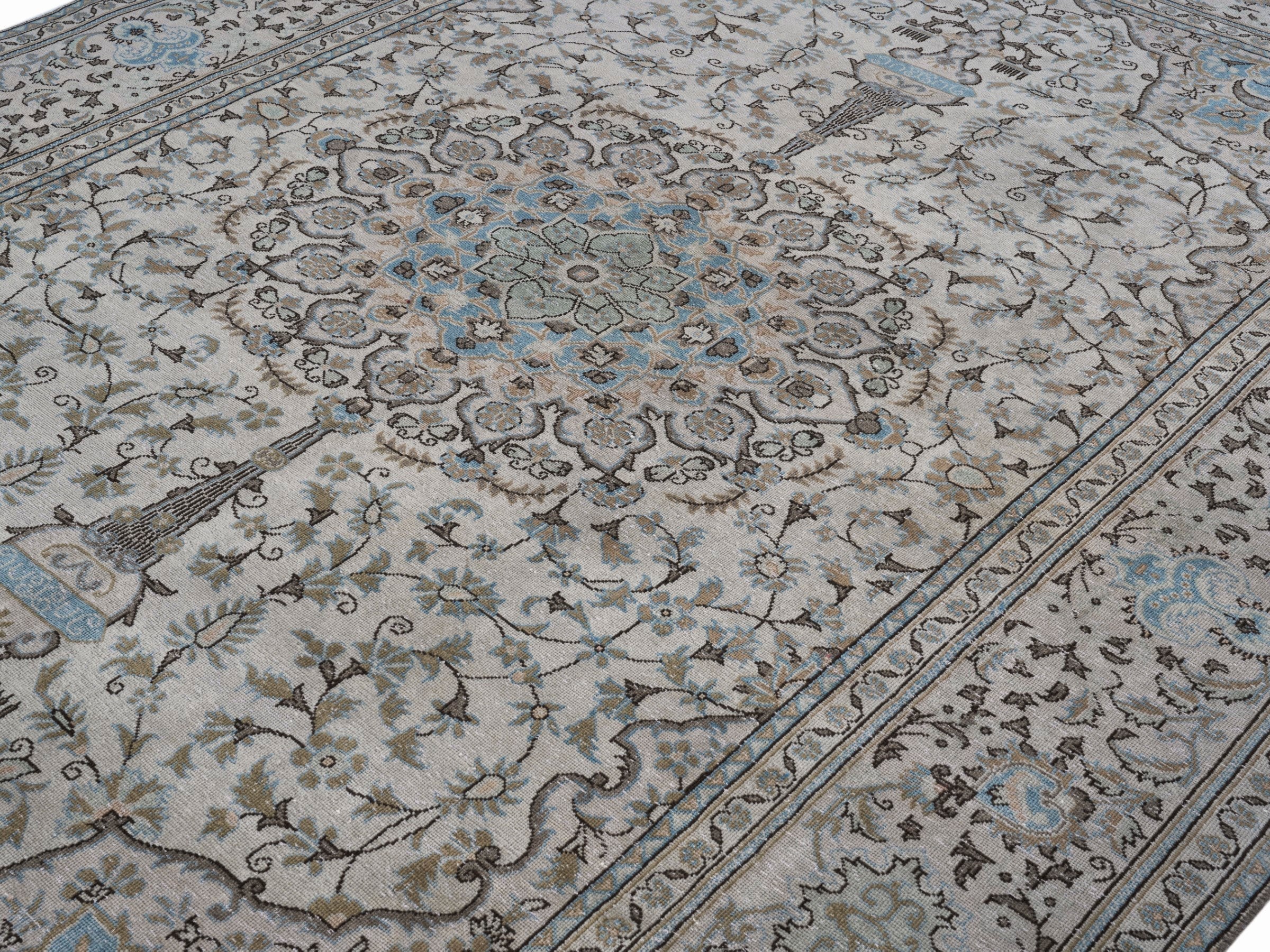 Persian Kashan oversized rug in ivory and powder blue, view 5 of 15