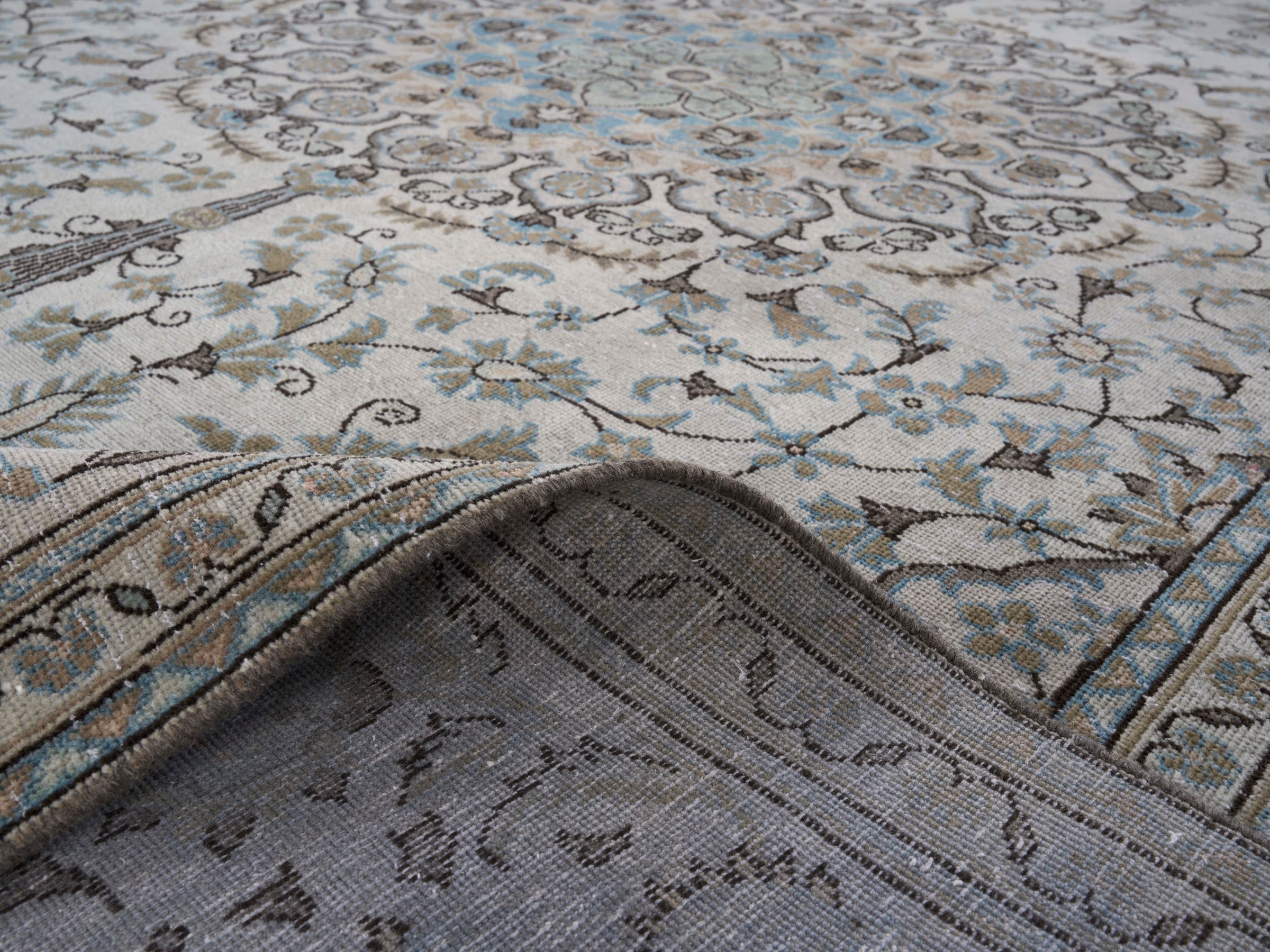 Persian Kashan oversized rug in ivory and powder blue, view 14 of 15