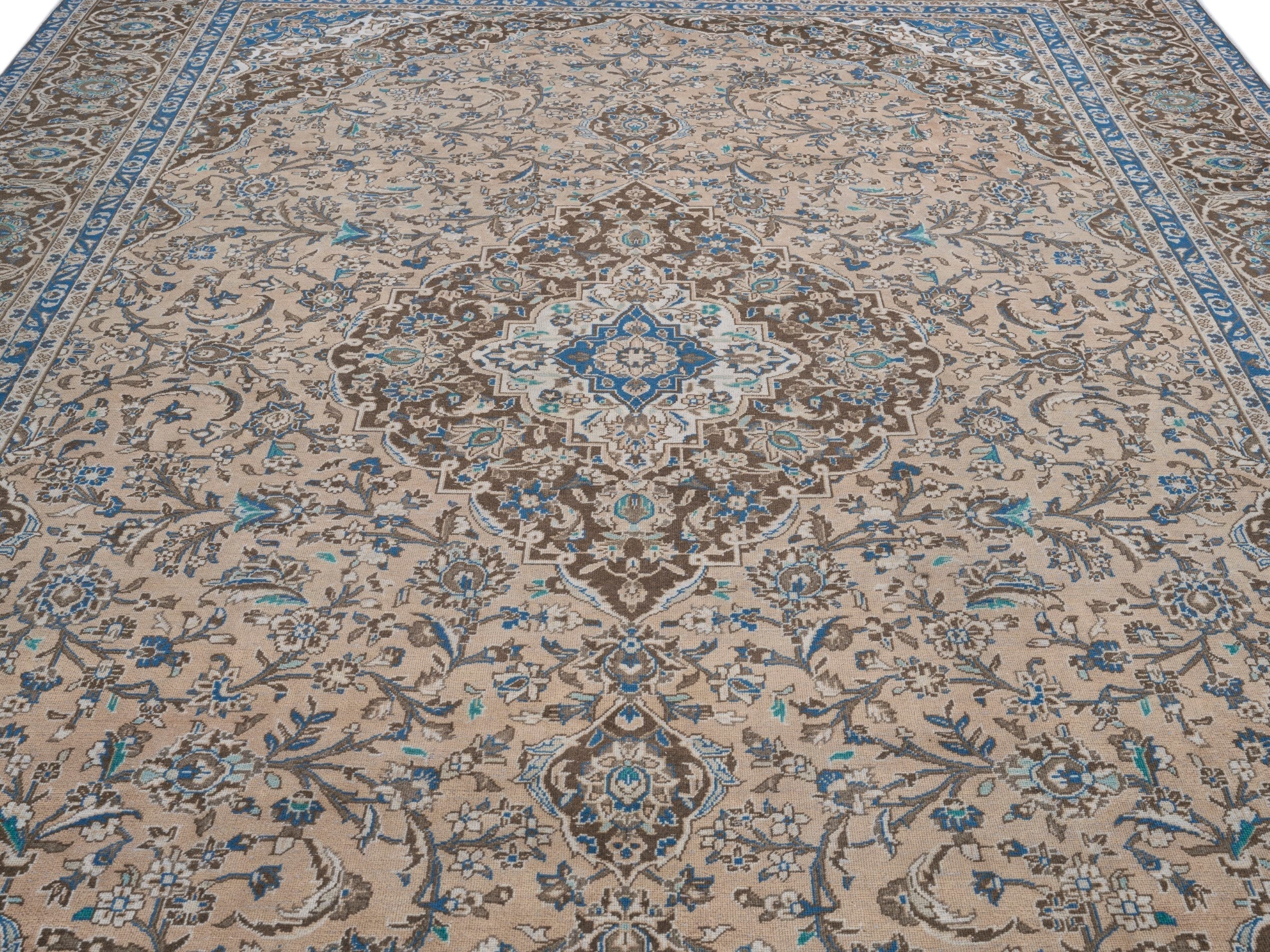Persian Kashan oversized rug in beige and brown, view 4 of 15