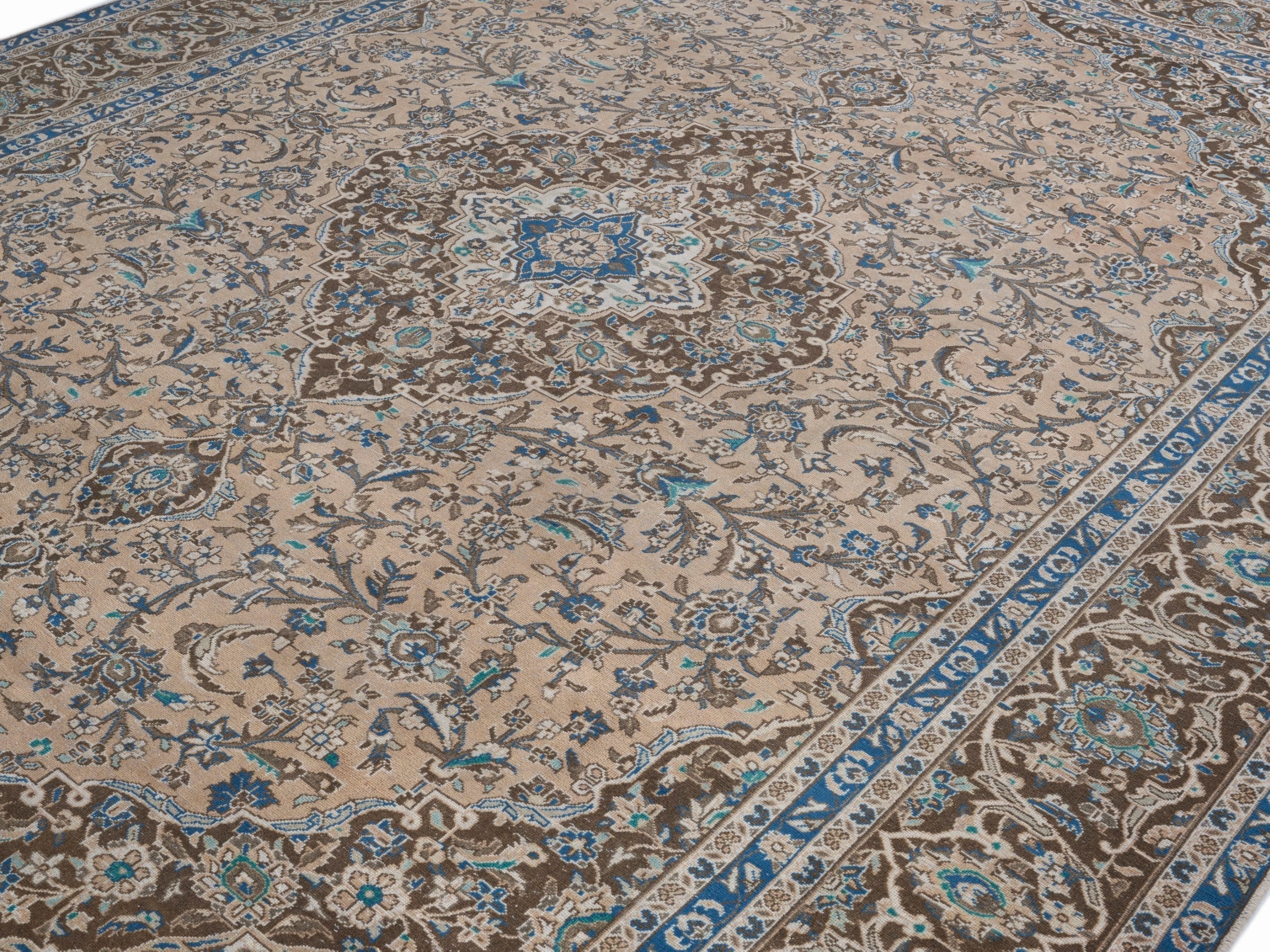 Persian Kashan oversized rug in beige and brown, view 5 of 15