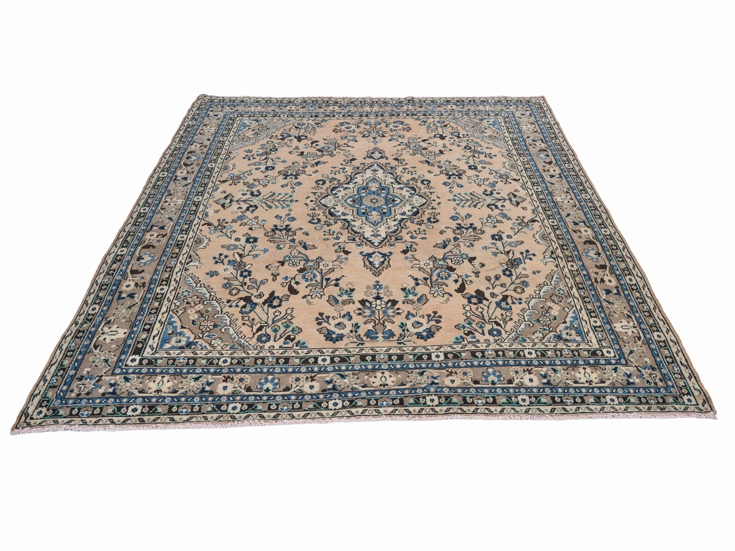 Persian Hamedan oversized rug in tan and denim, view 2 of 15