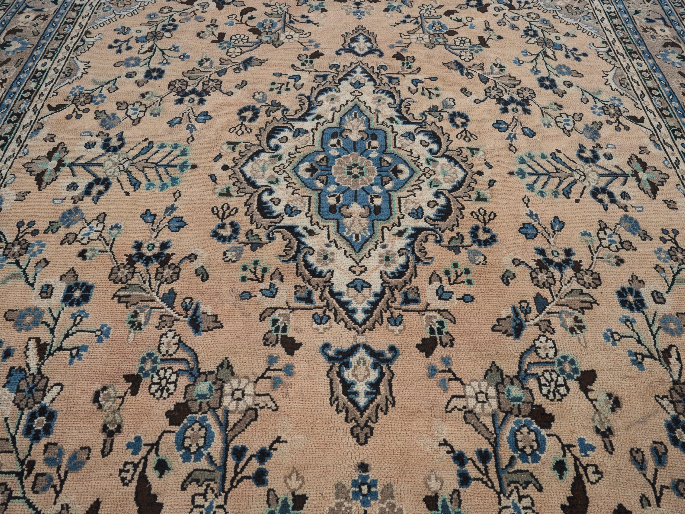 Persian Hamedan oversized rug in tan and denim, view 4 of 15