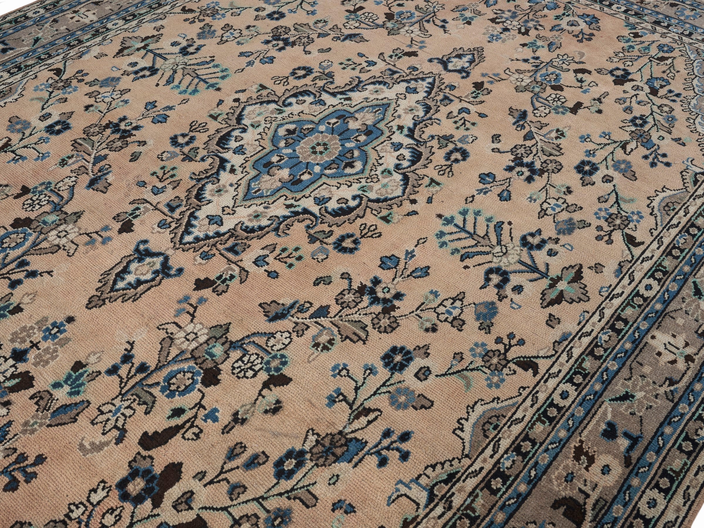 Persian Hamedan oversized rug in tan and denim, view 5 of 15