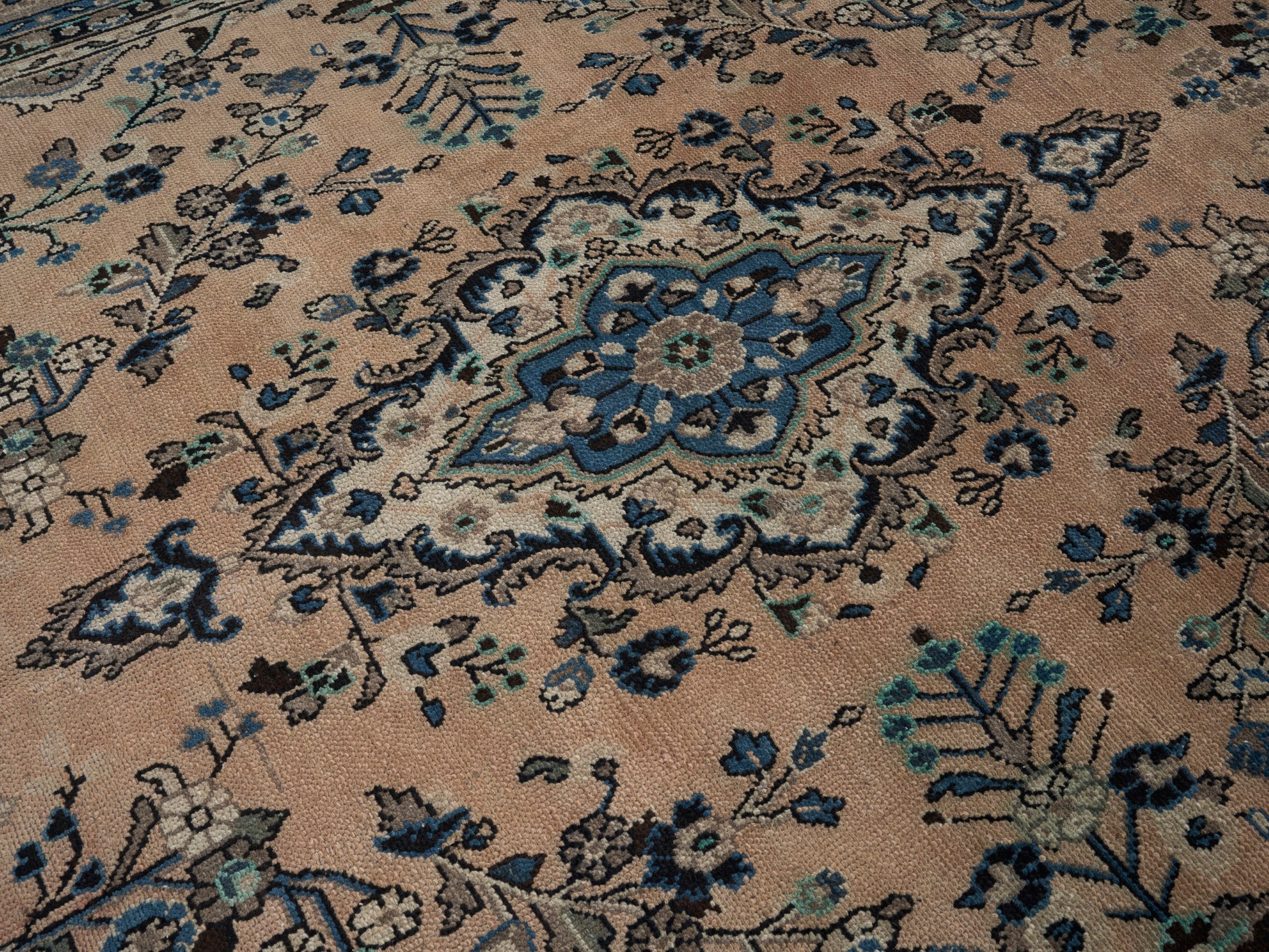 Persian Hamedan oversized rug in tan and denim, view 12 of 15