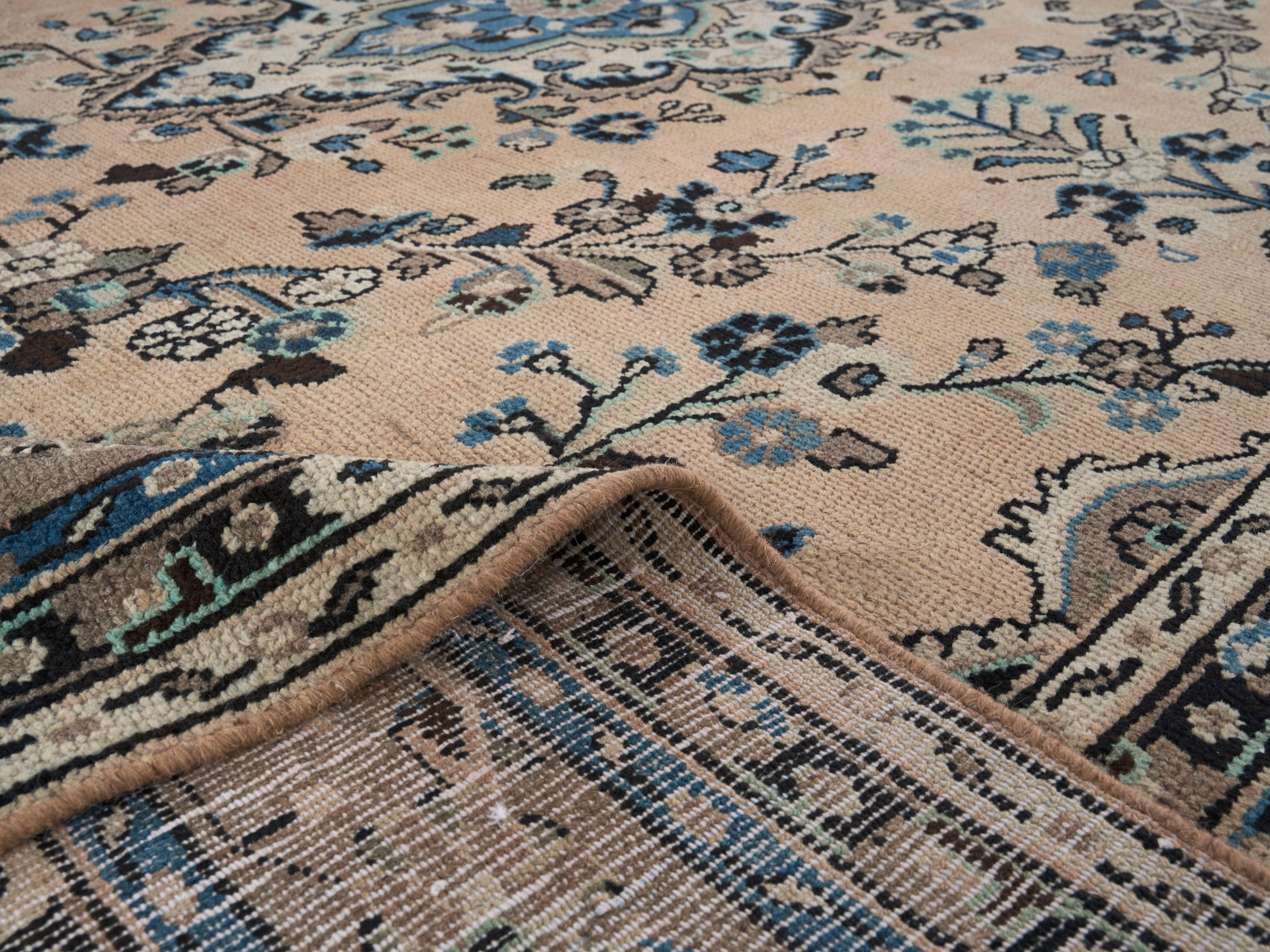 Persian Hamedan oversized rug in tan and denim, view 14 of 15