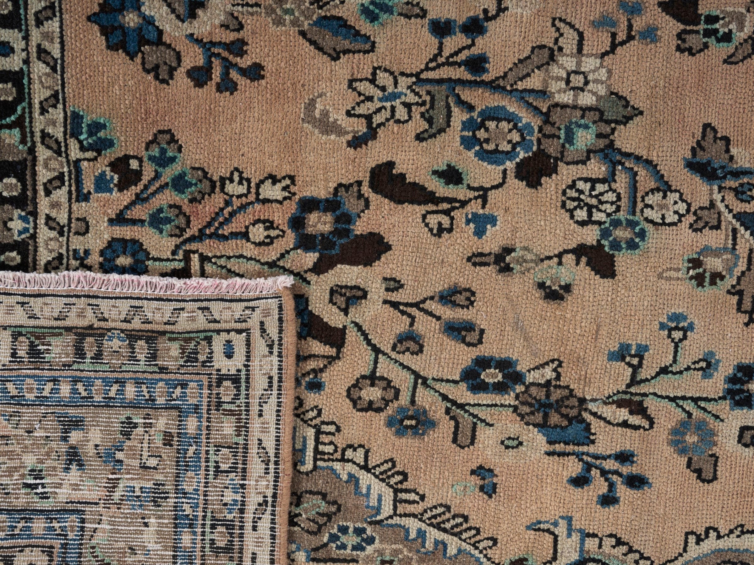Persian Hamedan oversized rug in tan and denim, view 15 of 15