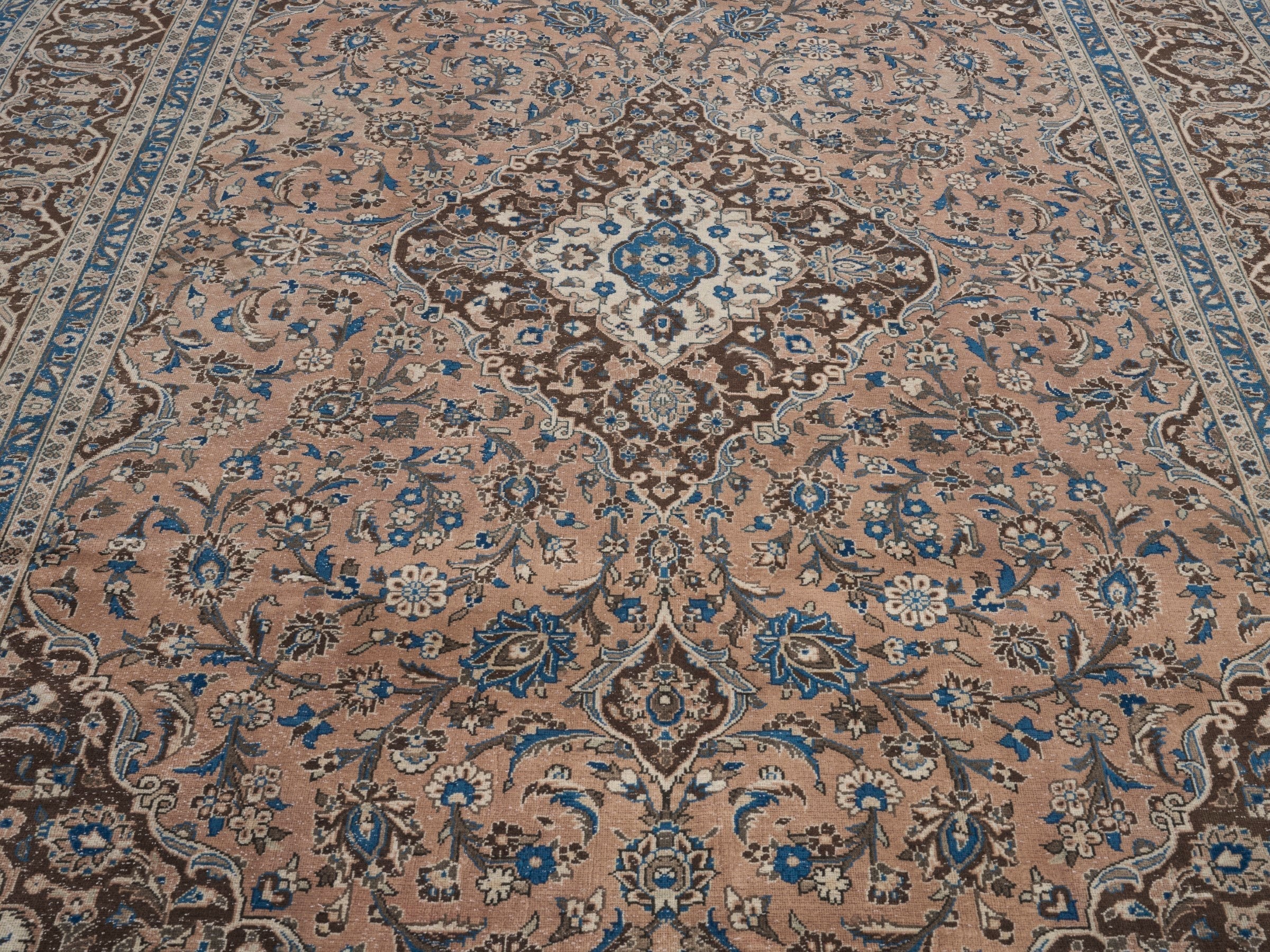 Persian Kashan oversized rug in tan and beige, view 4 of 15