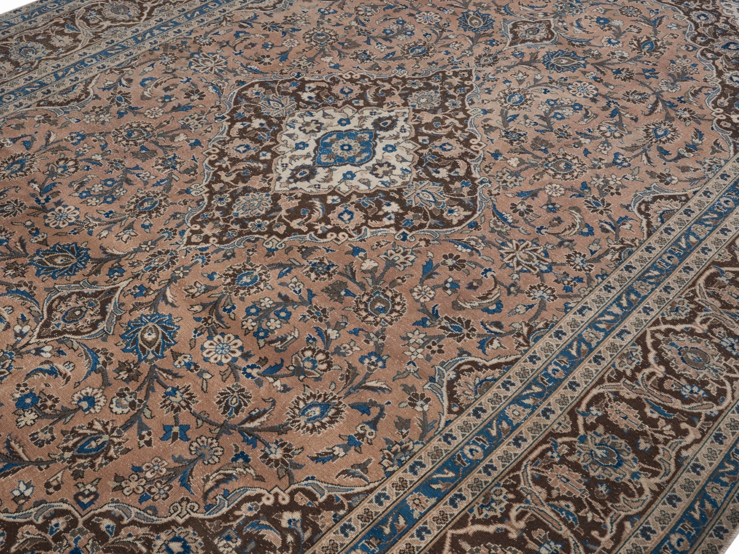 Persian Kashan oversized rug in tan and beige, view 5 of 15
