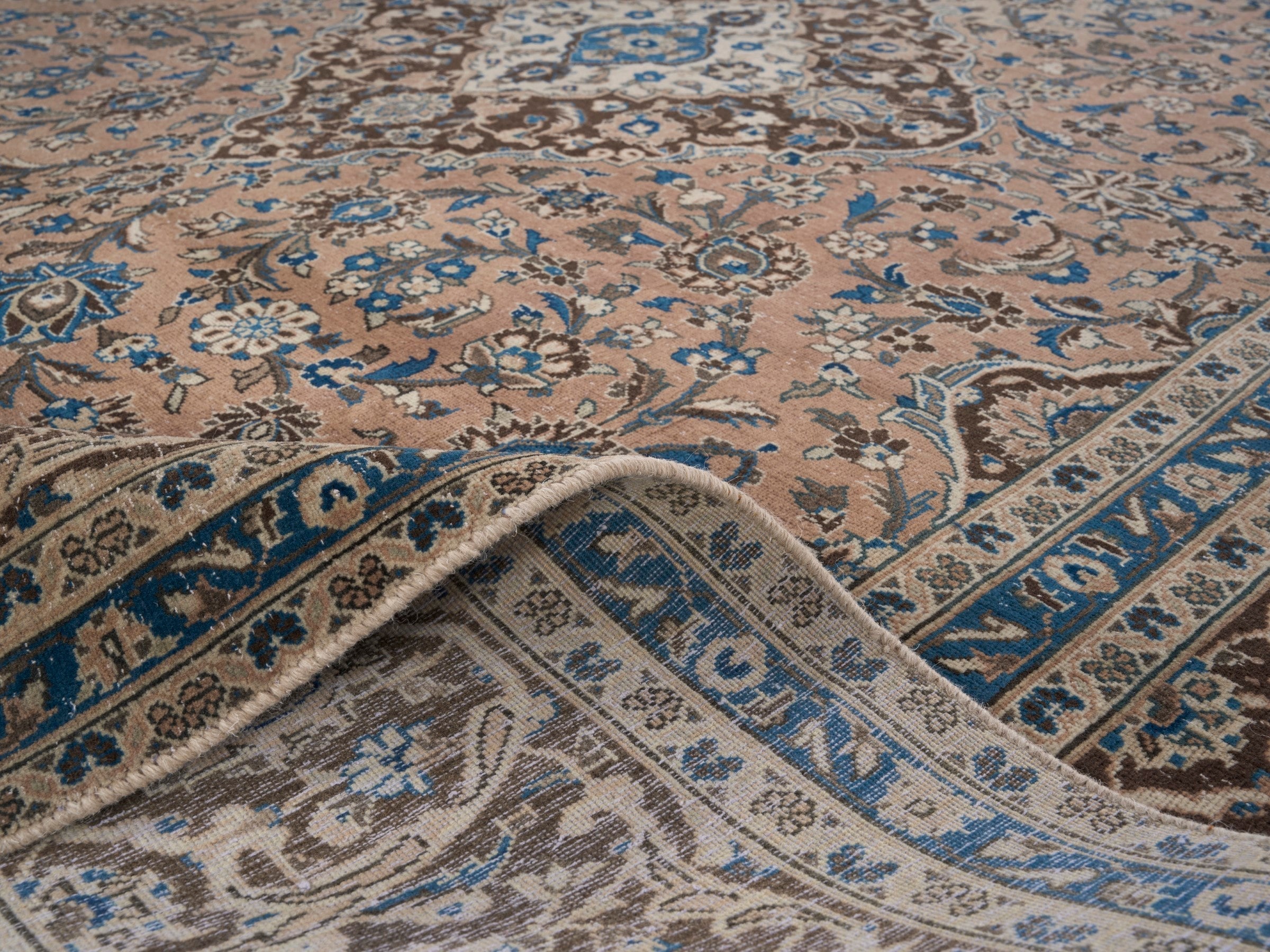 Persian Kashan oversized rug in tan and beige, view 14 of 15
