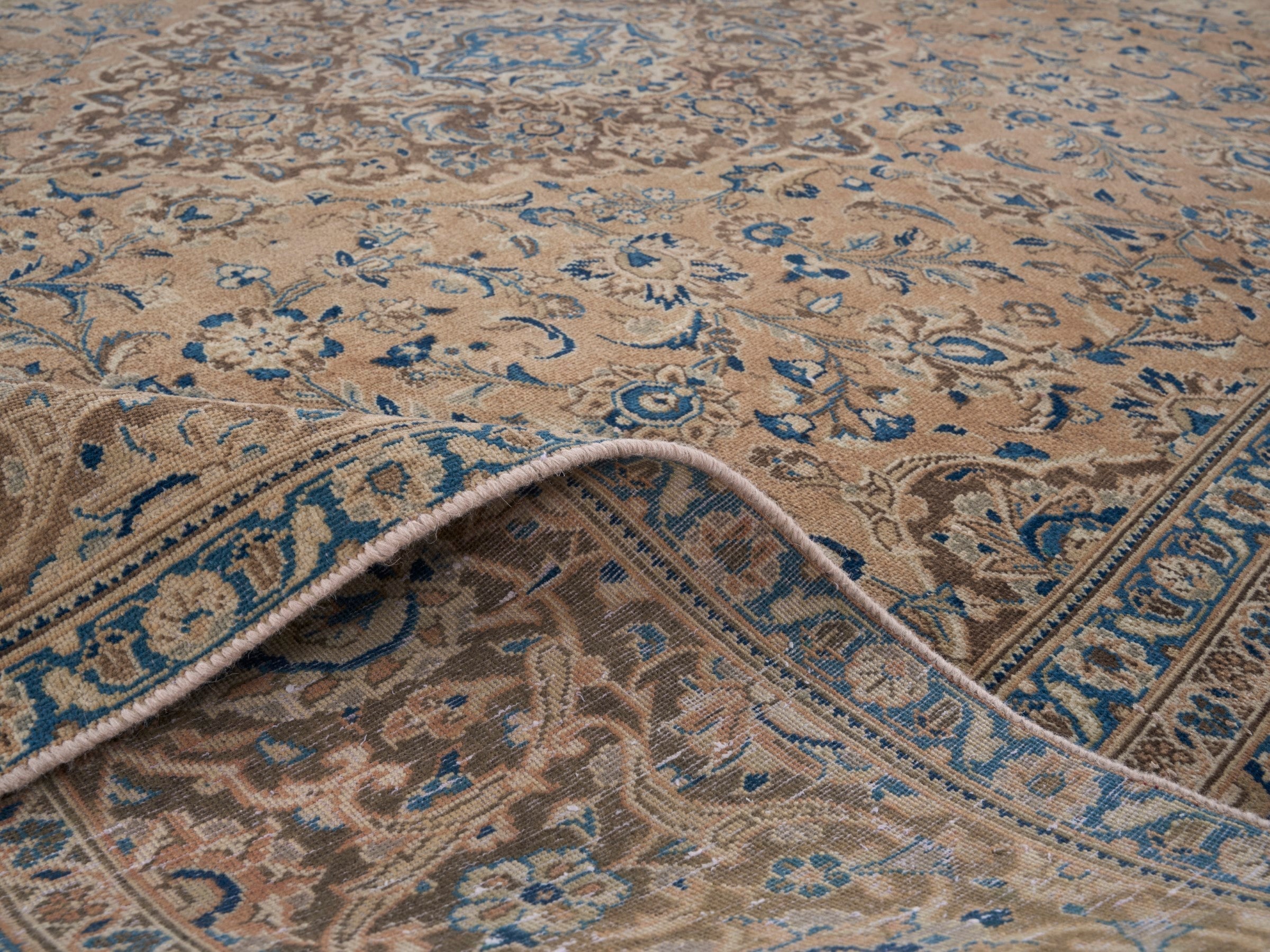Persian Kashan oversized rug in tan and taupe, view 14 of 15