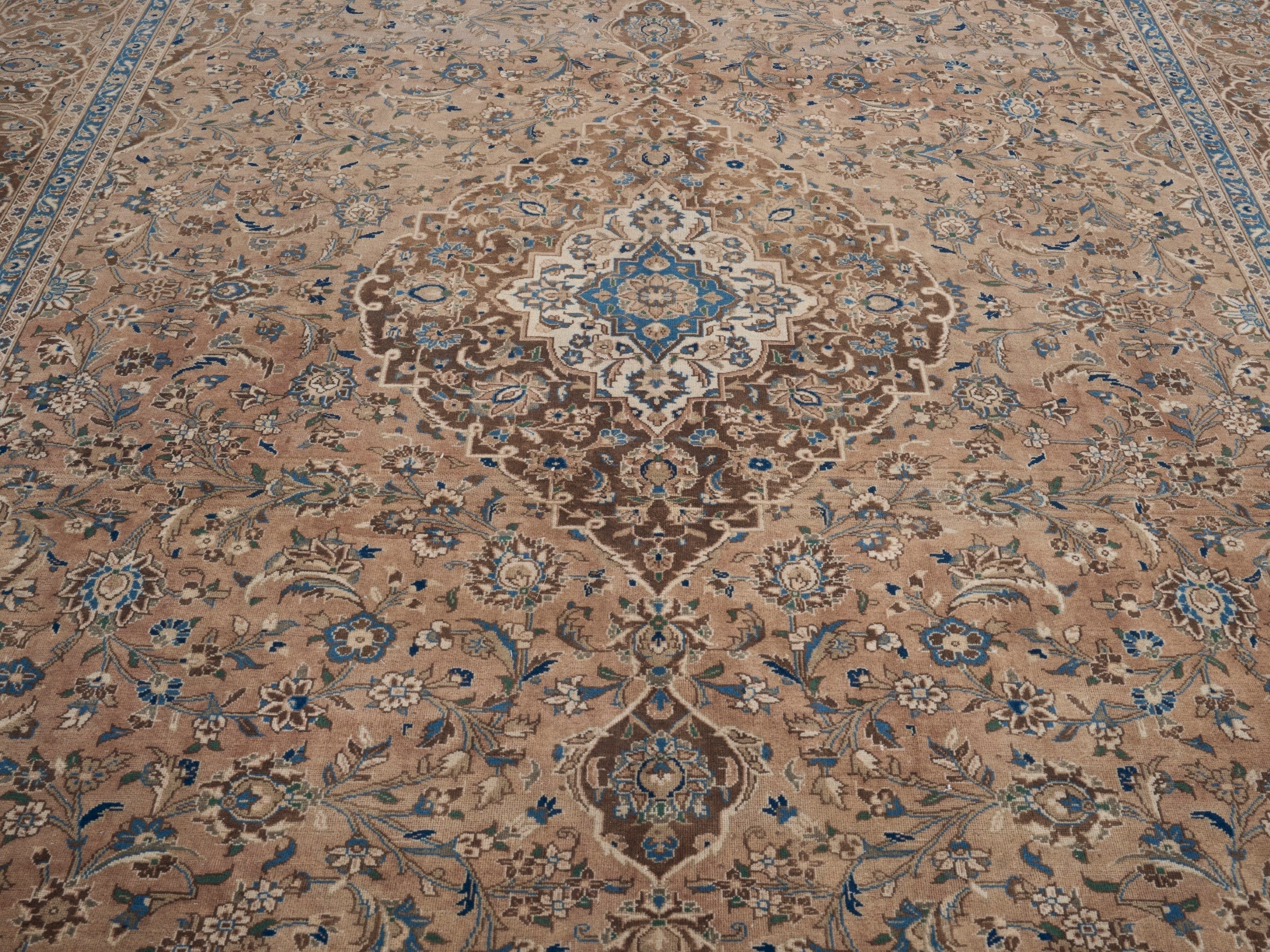 Persian Kashan oversized rug in tan and brown, view 4 of 15